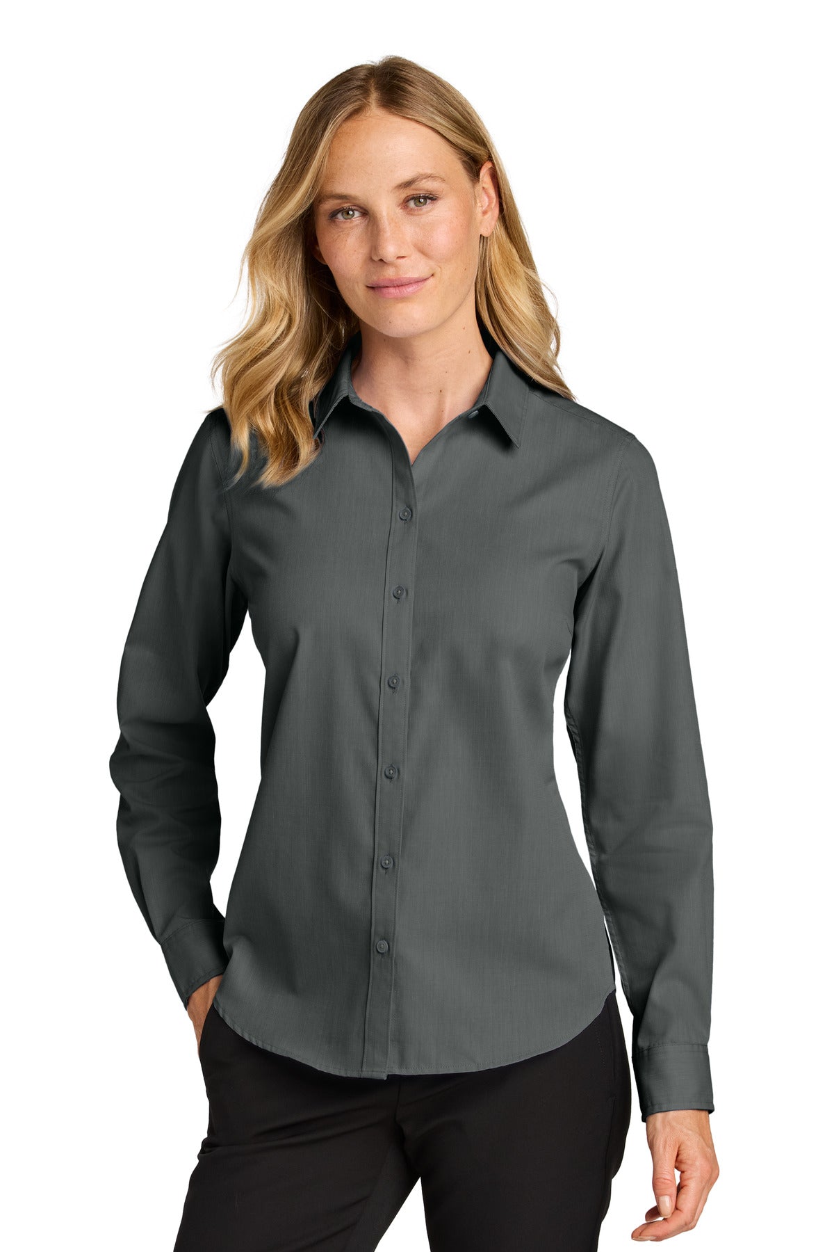 Front View of DeepBlack Port Authority Women's Long Sleeve Nailhead Easy Care Shirt LW816