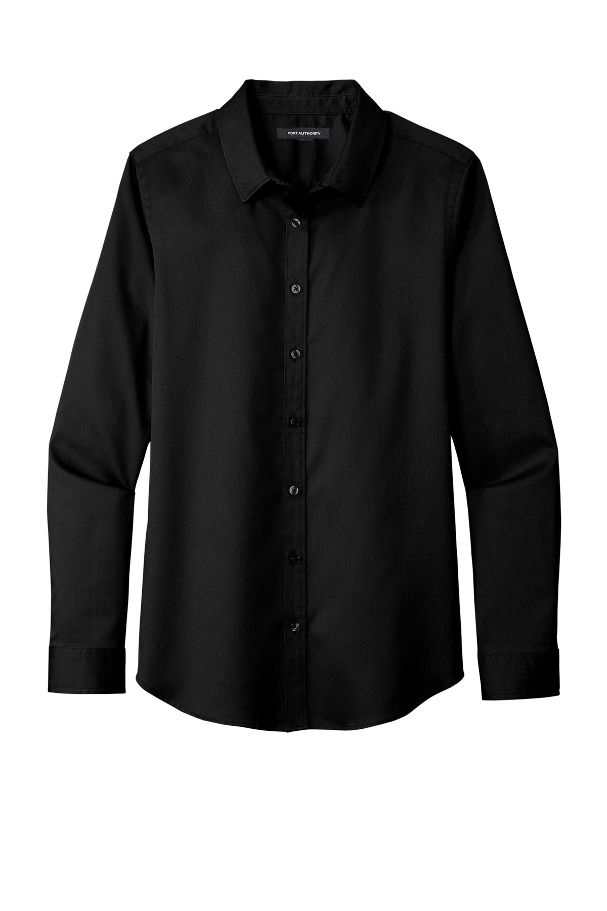 Front View of DeepBlack Port Authority Women's Long Sleeve SuperPro React Twill Shirt. LW808