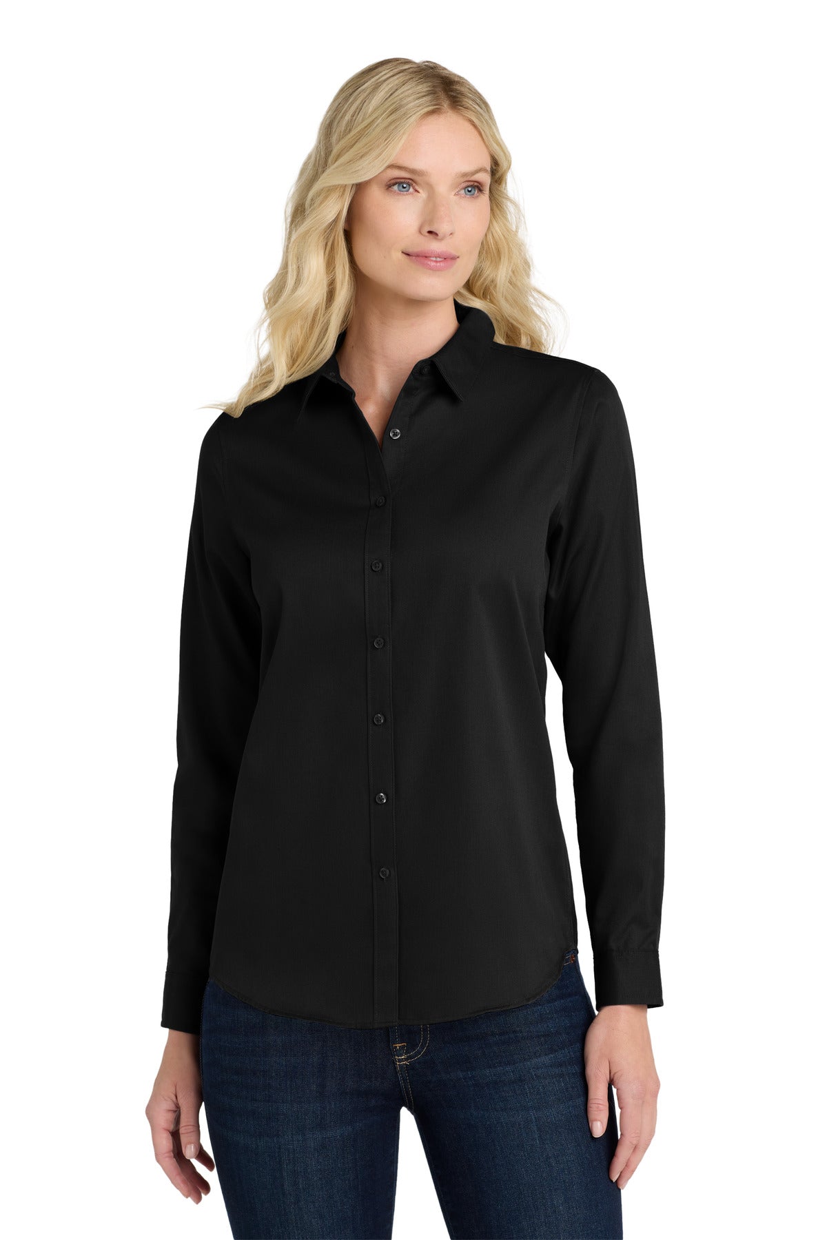 Front View of DeepBlack Port Authority Women's Long Sleeve SuperPro React Twill Shirt. LW808
