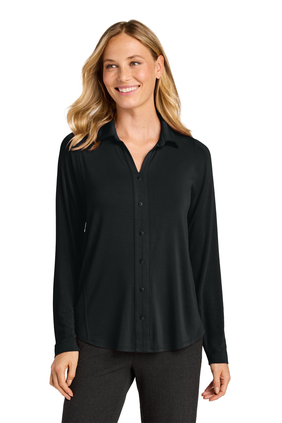 Front View of DeepBlack Port Authority Women's Luxe Knit Button Tunic LK5602