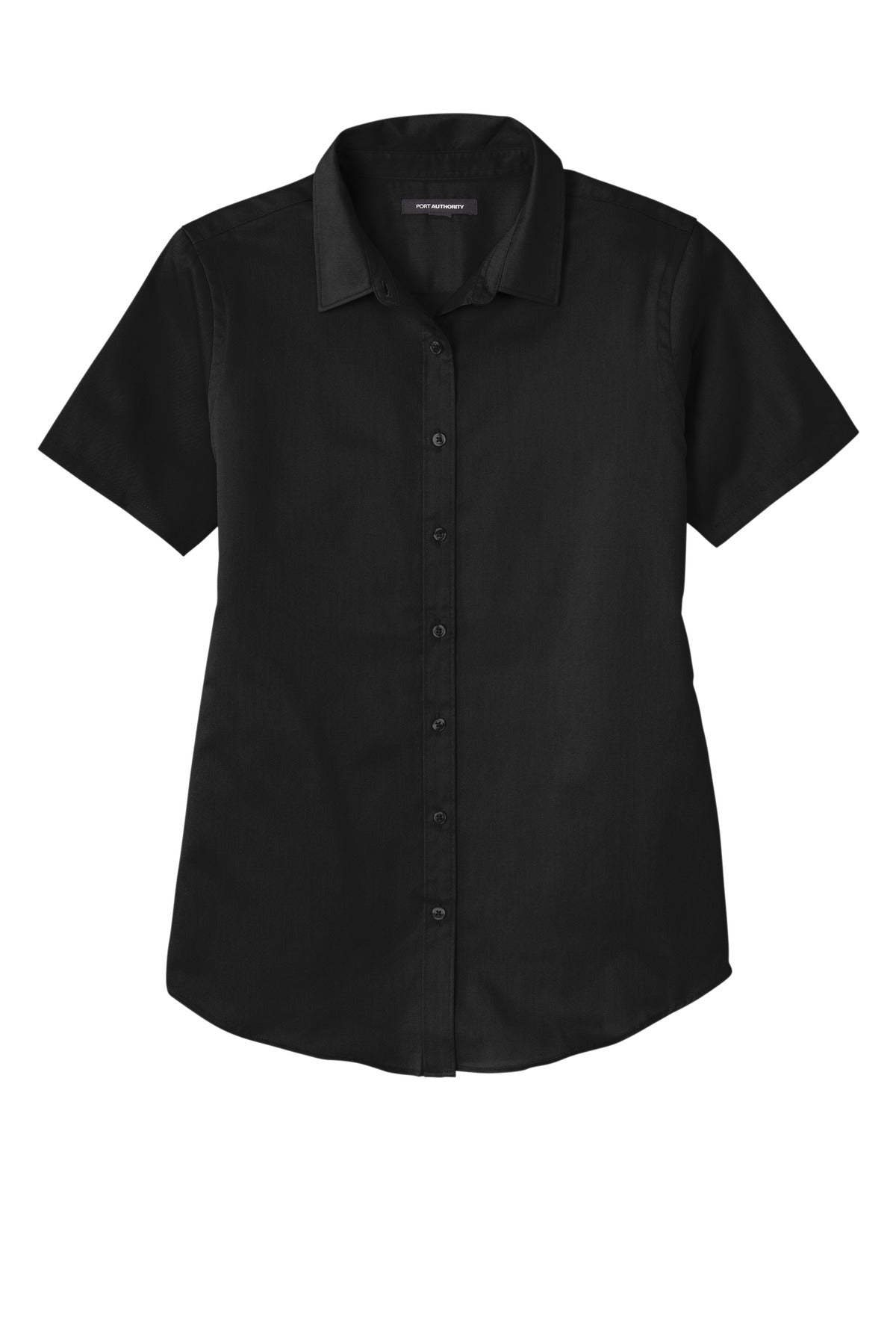 Front View of DeepBlack Port Authority Women's Short Sleeve SuperPro React Twill Shirt. LW809