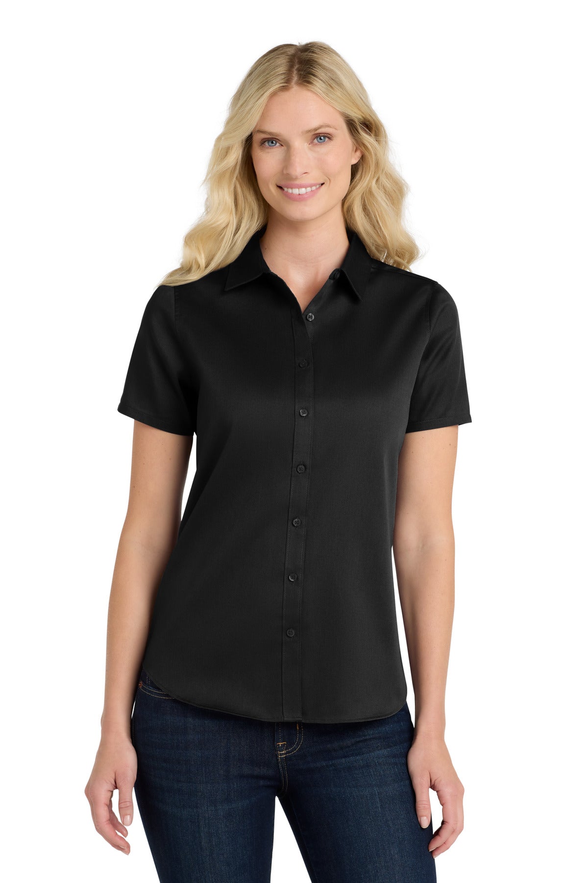 Front View of DeepBlack Port Authority Women's Short Sleeve SuperPro React Twill Shirt. LW809