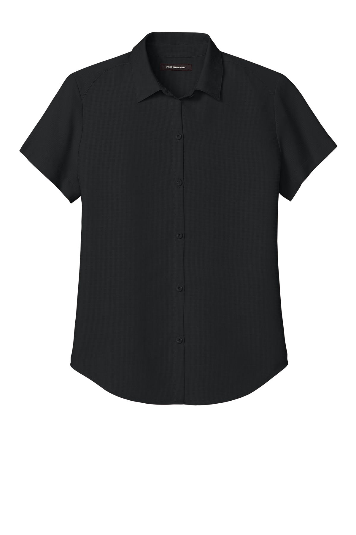 Front View of DeepBlack Port Authority Women's Short Sleeve UV Dockside Shirt LW963