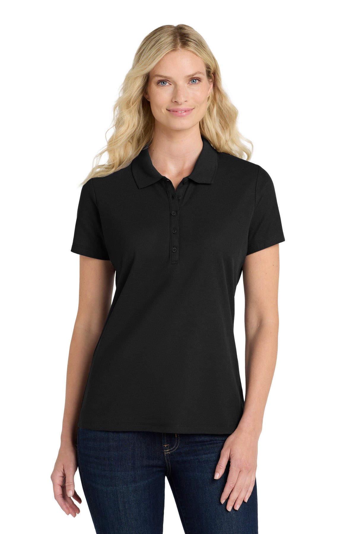 Front View of DeepBlack Port Authority Women's SuperPro React Polo. LK810