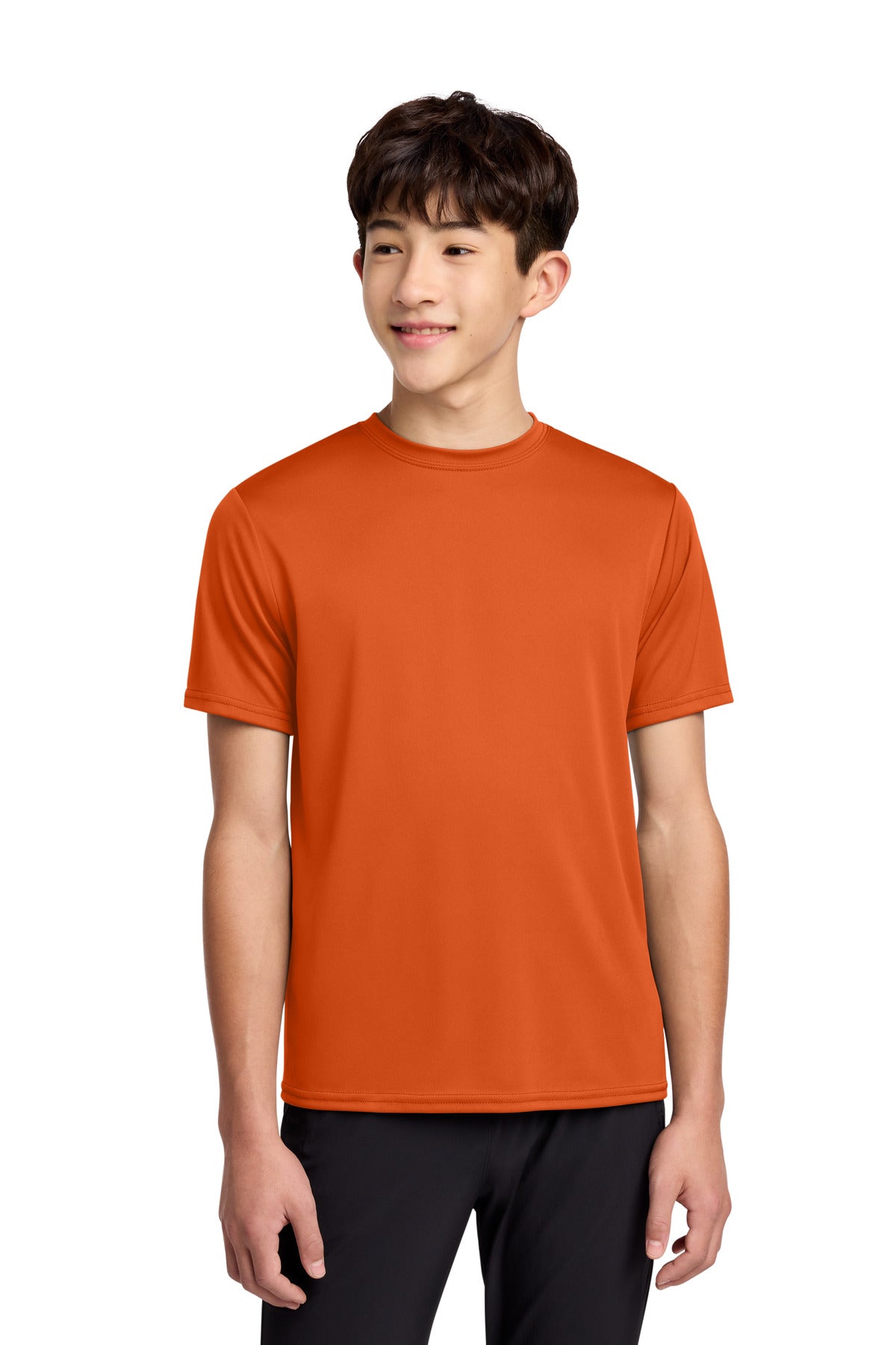 Front View of DeepOrange Port & Co Youth Performance Tee. PC380Y