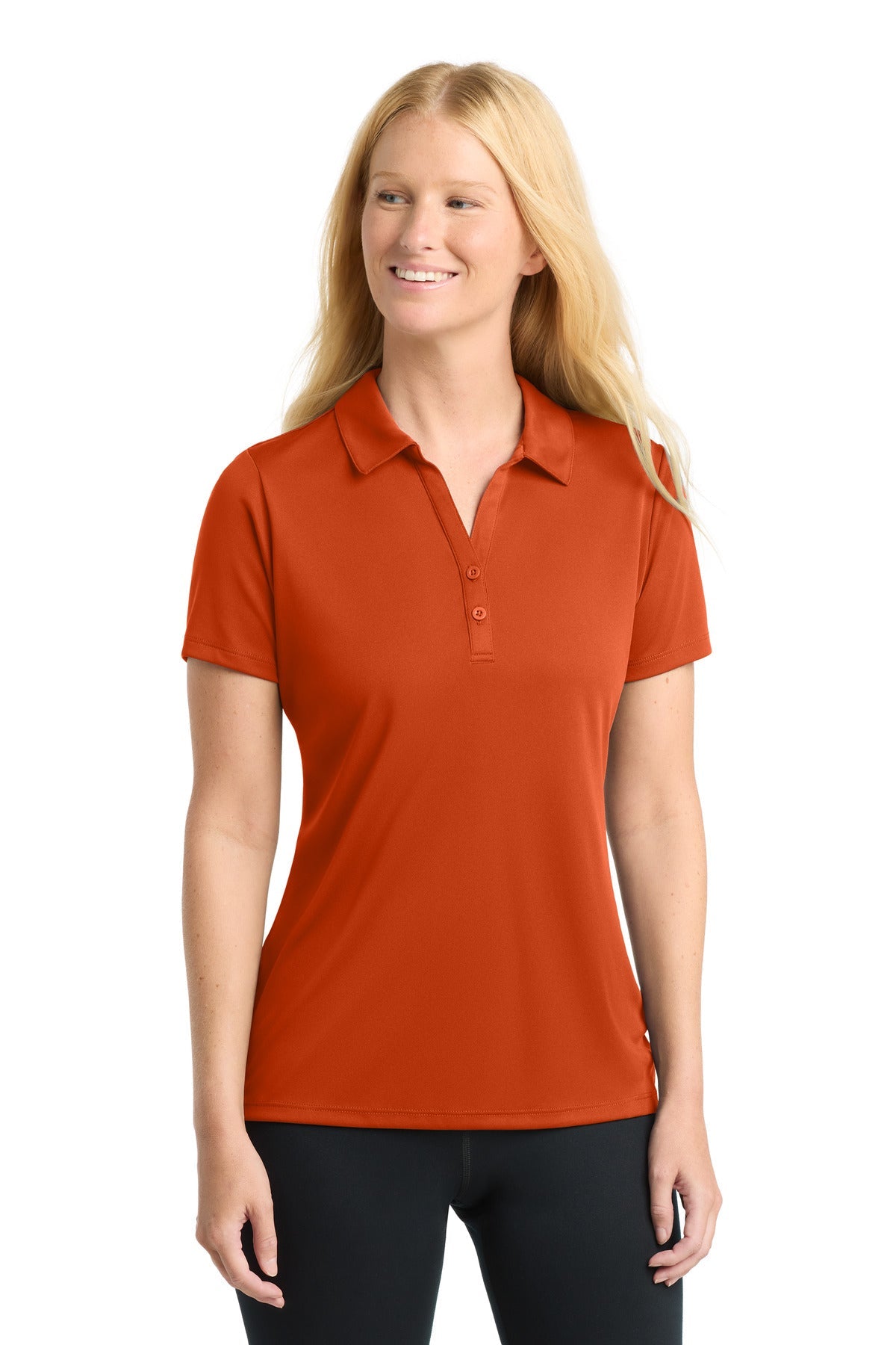 Front View of DeepOrange Sport-Tek Women's PosiCharge Competitor Polo. LST550