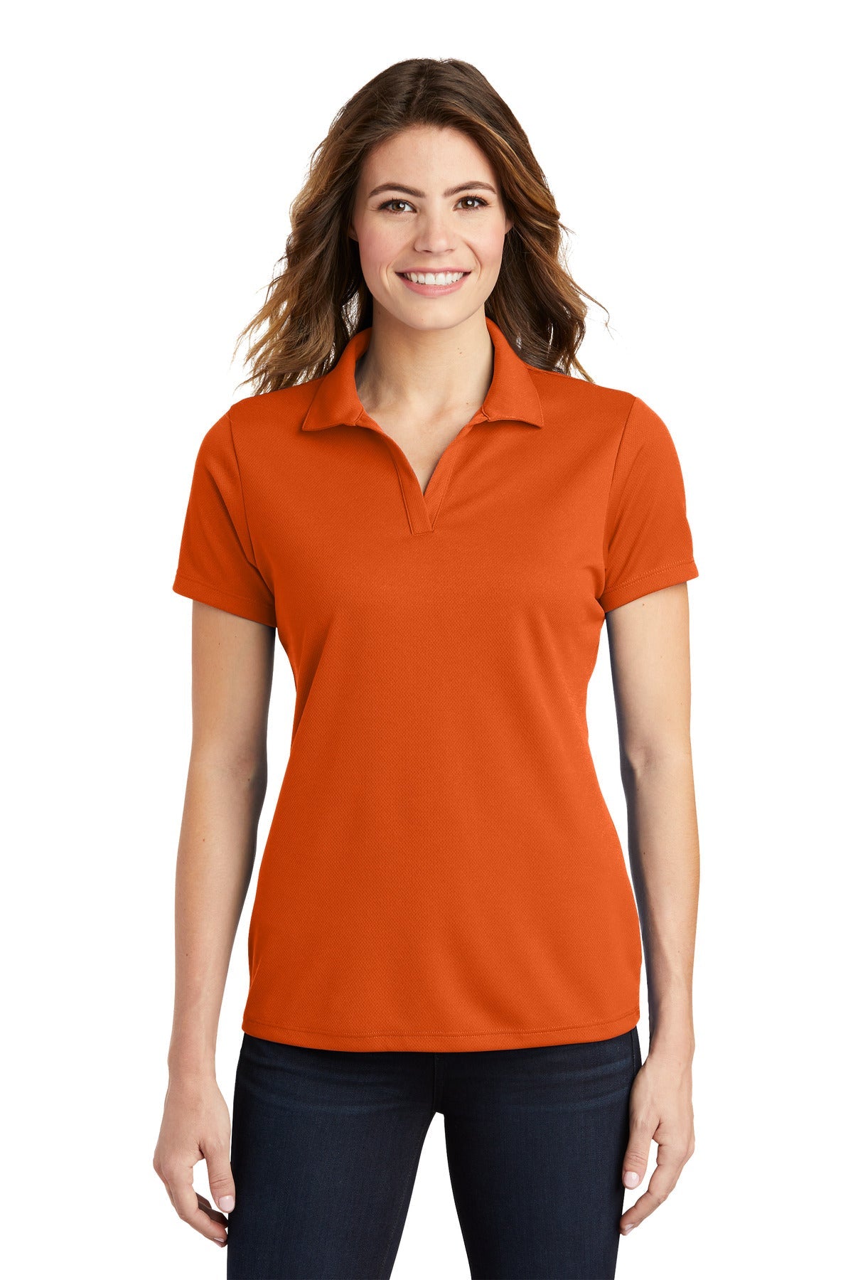 Front View of DeepOrange Sport-Tek Women's PosiCharge RacerMesh Polo. LST640