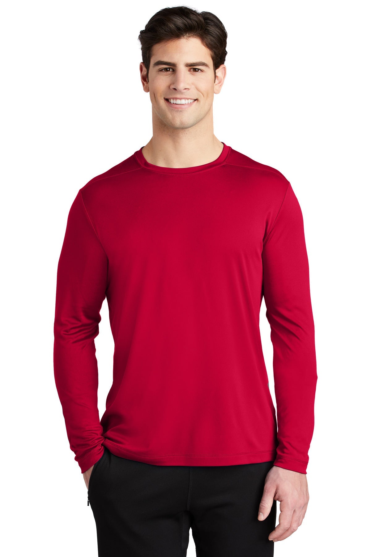 Front View of DeepRed Sport-Tek Posi-UV Pro Long Sleeve Tee. ST420LS