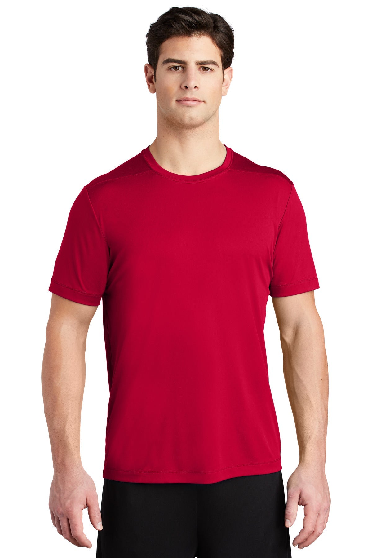Front View of DeepRed Sport-Tek Posi-UV Pro Tee. ST420