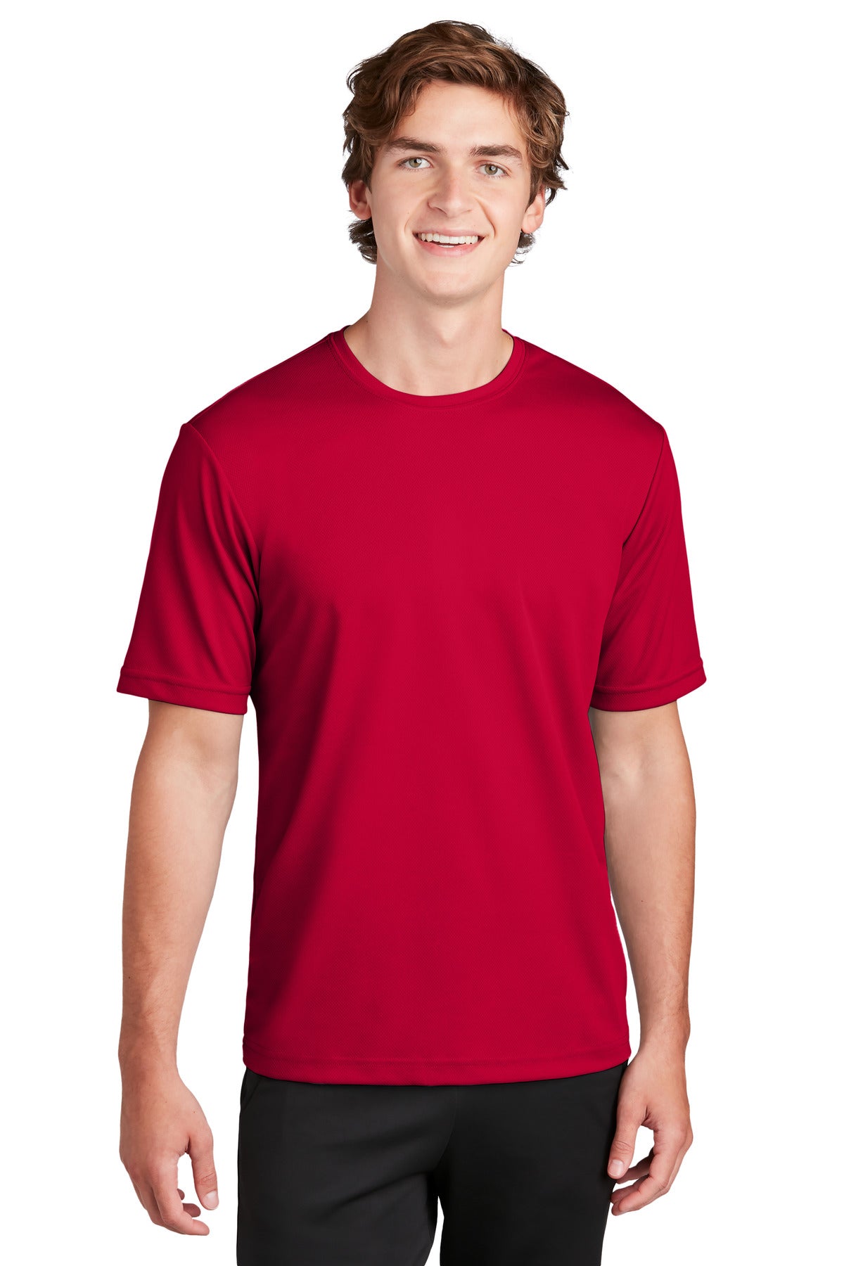 Front View of DeepRed Sport-Tek PosiCharge RacerMesh Tee. ST340