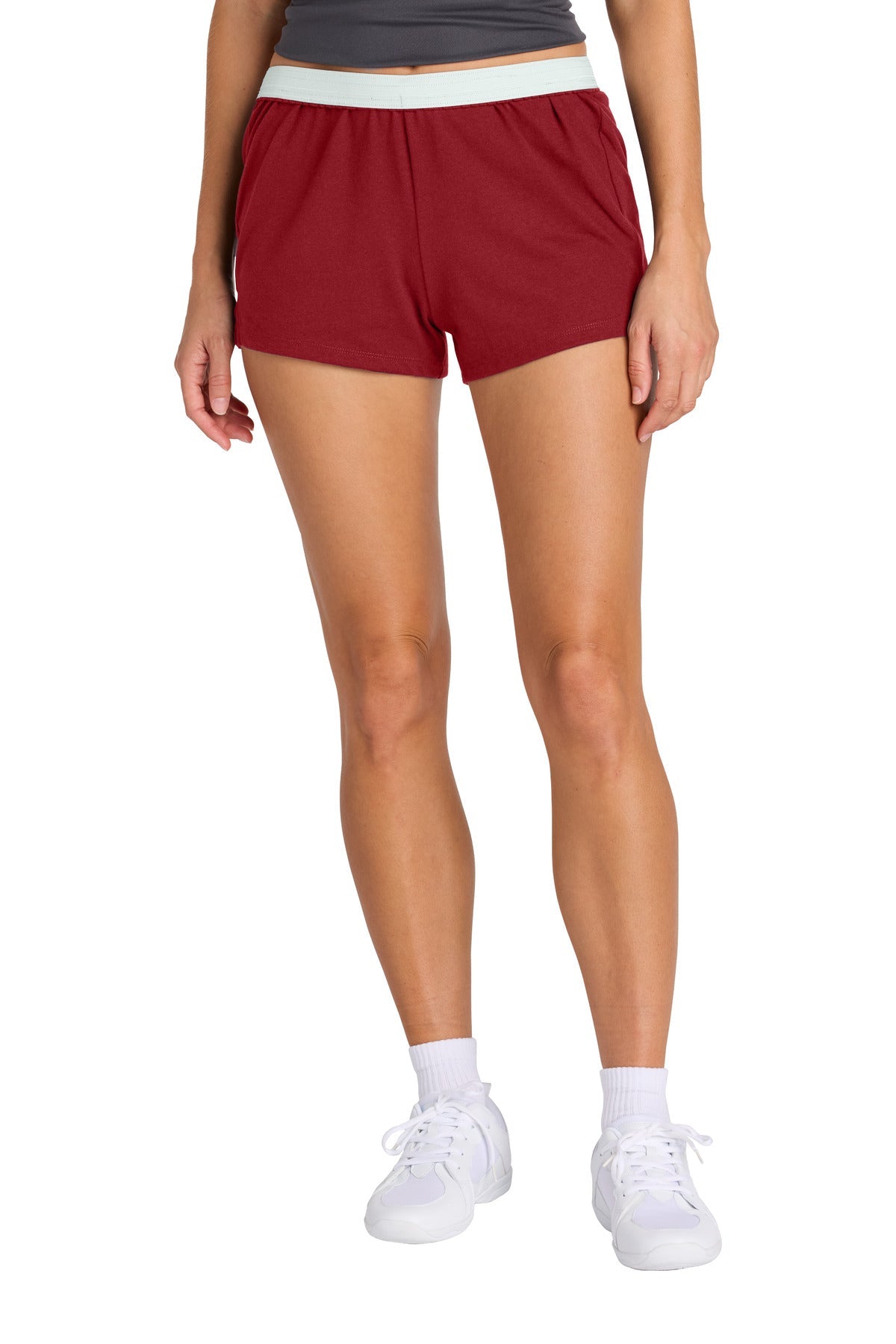 Front View of DeepRed Sport-Tek Women's Jersey Knit Squad Short LST311