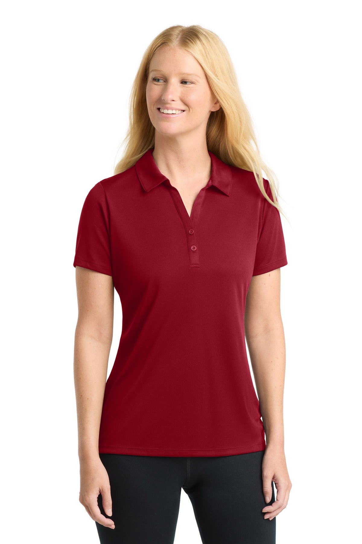 Front View of DeepRed Sport-Tek Women's PosiCharge Competitor Polo. LST550