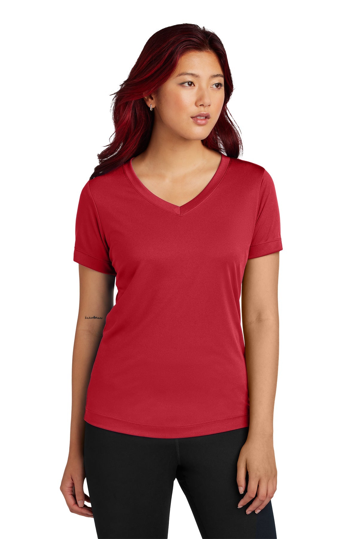 Front View of DeepRed Sport-Tek Women's PosiCharge Competitor V-Neck Tee. LST353