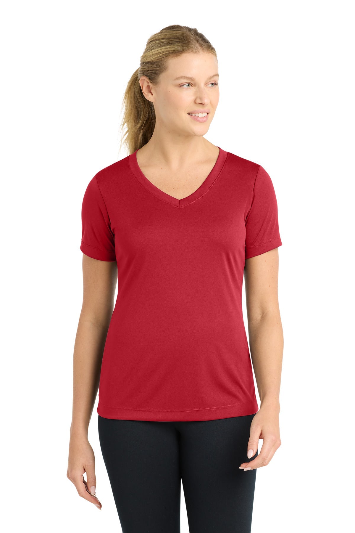 Front View of DeepRed Sport-Tek Women's PosiCharge Competitor V-Neck Tee. LST353