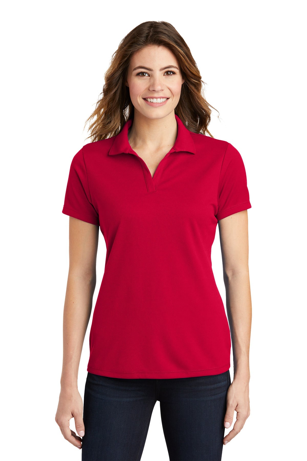Front View of DeepRed Sport-Tek Women's PosiCharge RacerMesh Polo. LST640