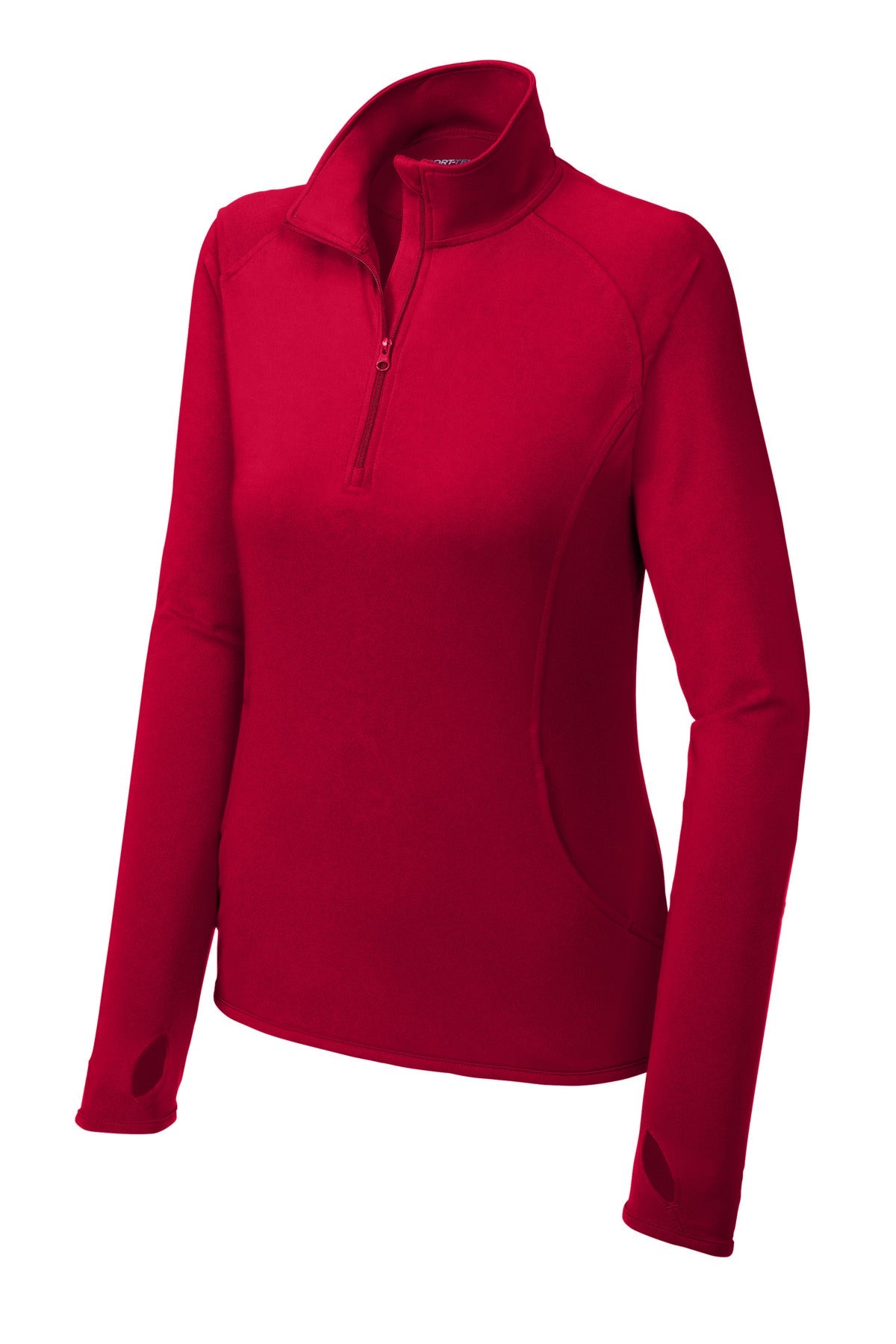 Front View of DeepRed Sport-Tek Women's Sport-Wick Stretch 1/4-Zip Pullover. LST850