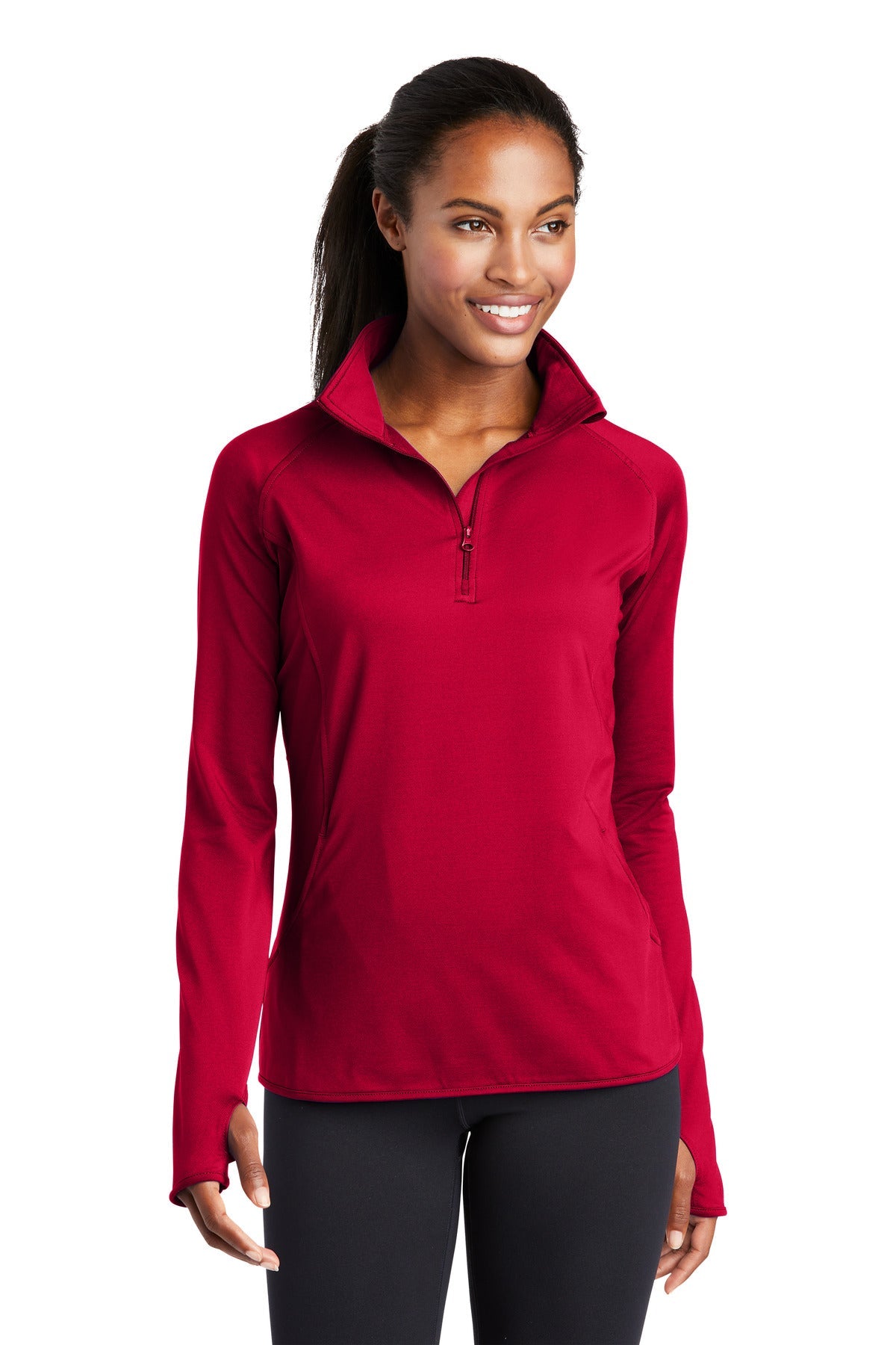 Front View of DeepRed Sport-Tek Women's Sport-Wick Stretch 1/4-Zip Pullover. LST850