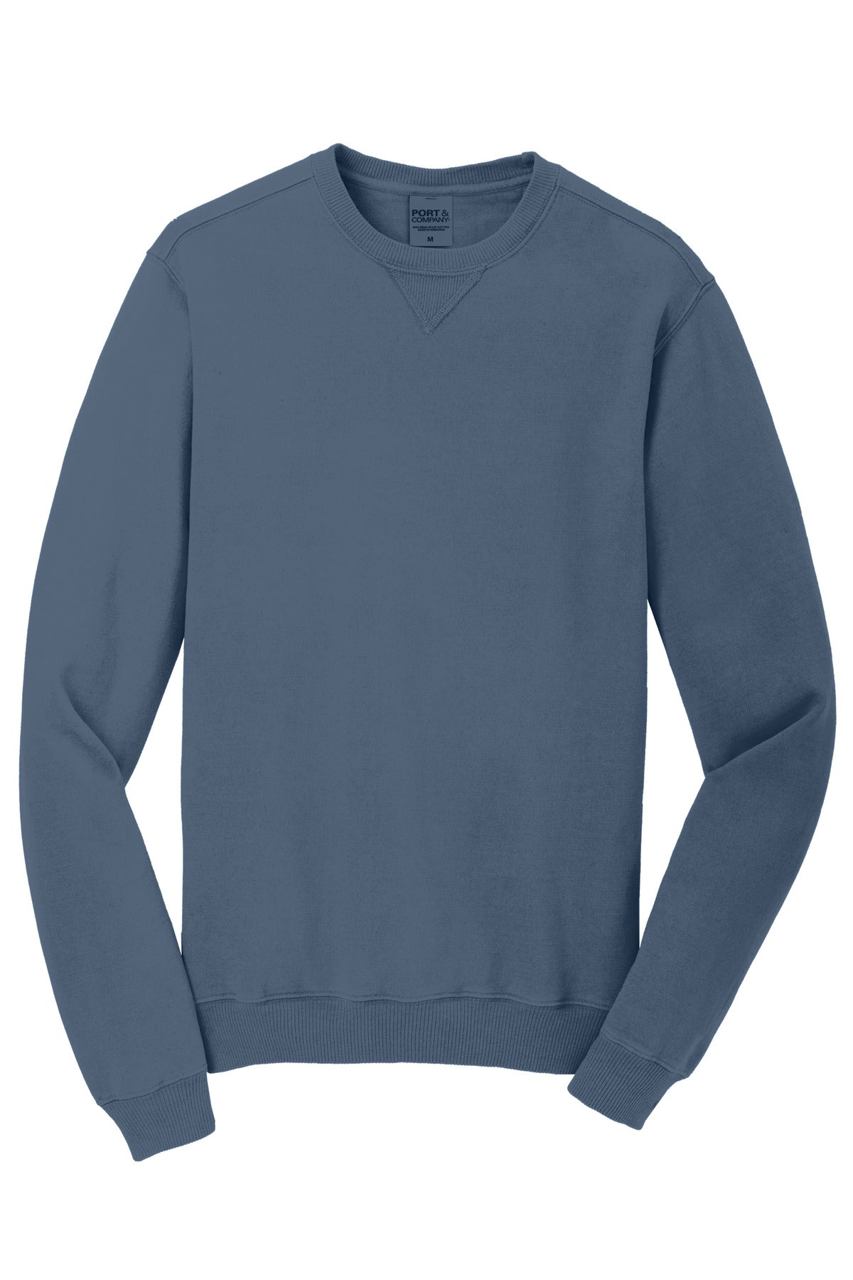Front View of Denim Blue Port & Co Beach Wash Garment-Dyed Crewneck Sweatshirt PC098