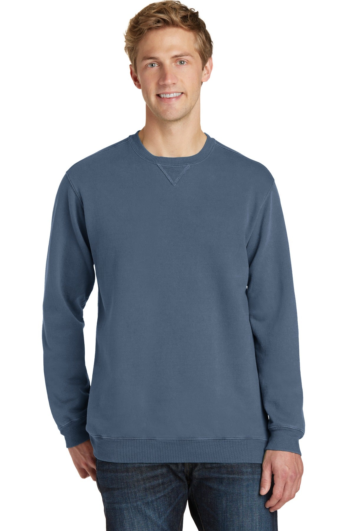 Front View of Denim Blue Port & Co Beach Wash Garment-Dyed Crewneck Sweatshirt PC098