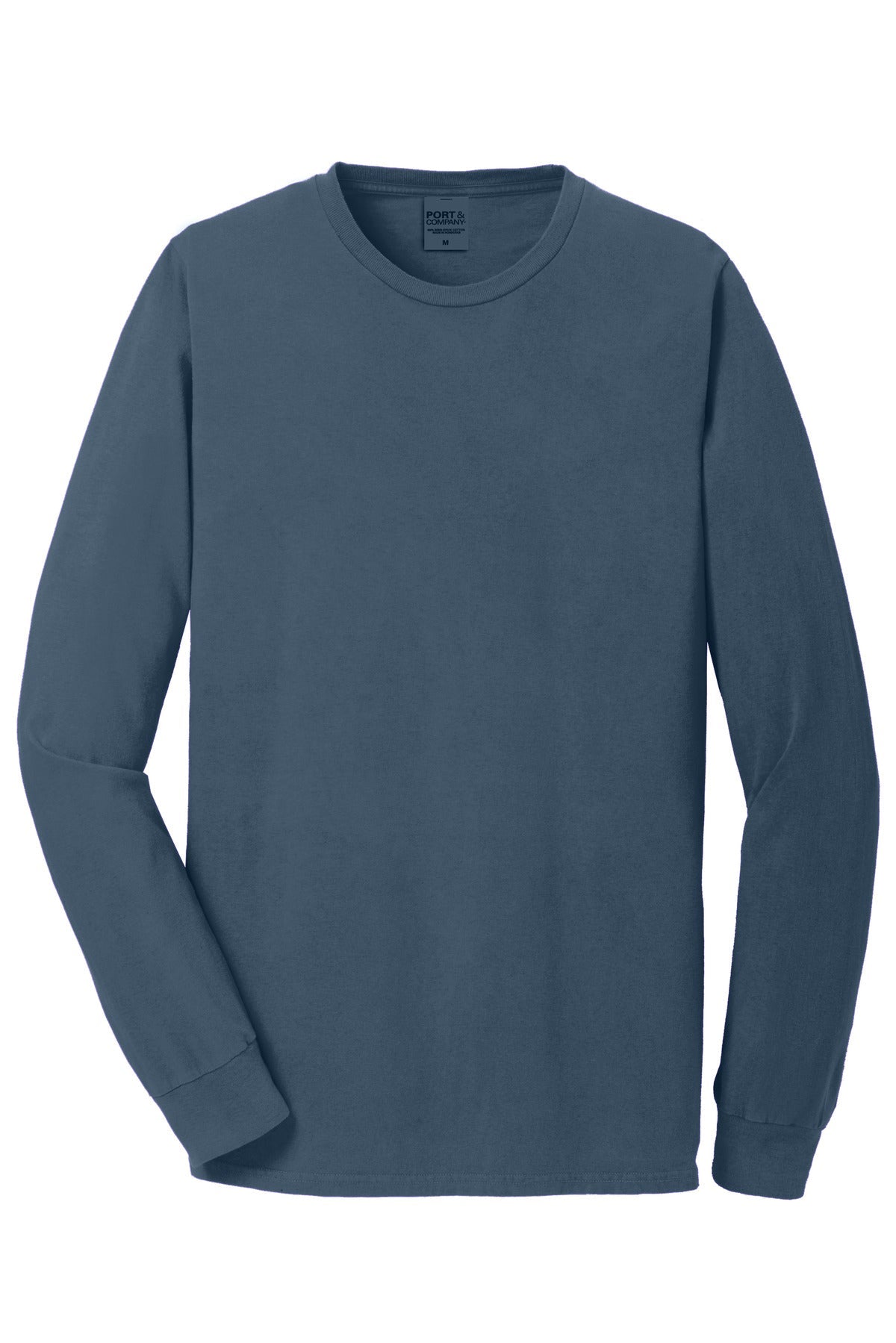 Front View of Denim Blue Port & Co Beach Wash Garment-Dyed Long Sleeve Tee PC099LS
