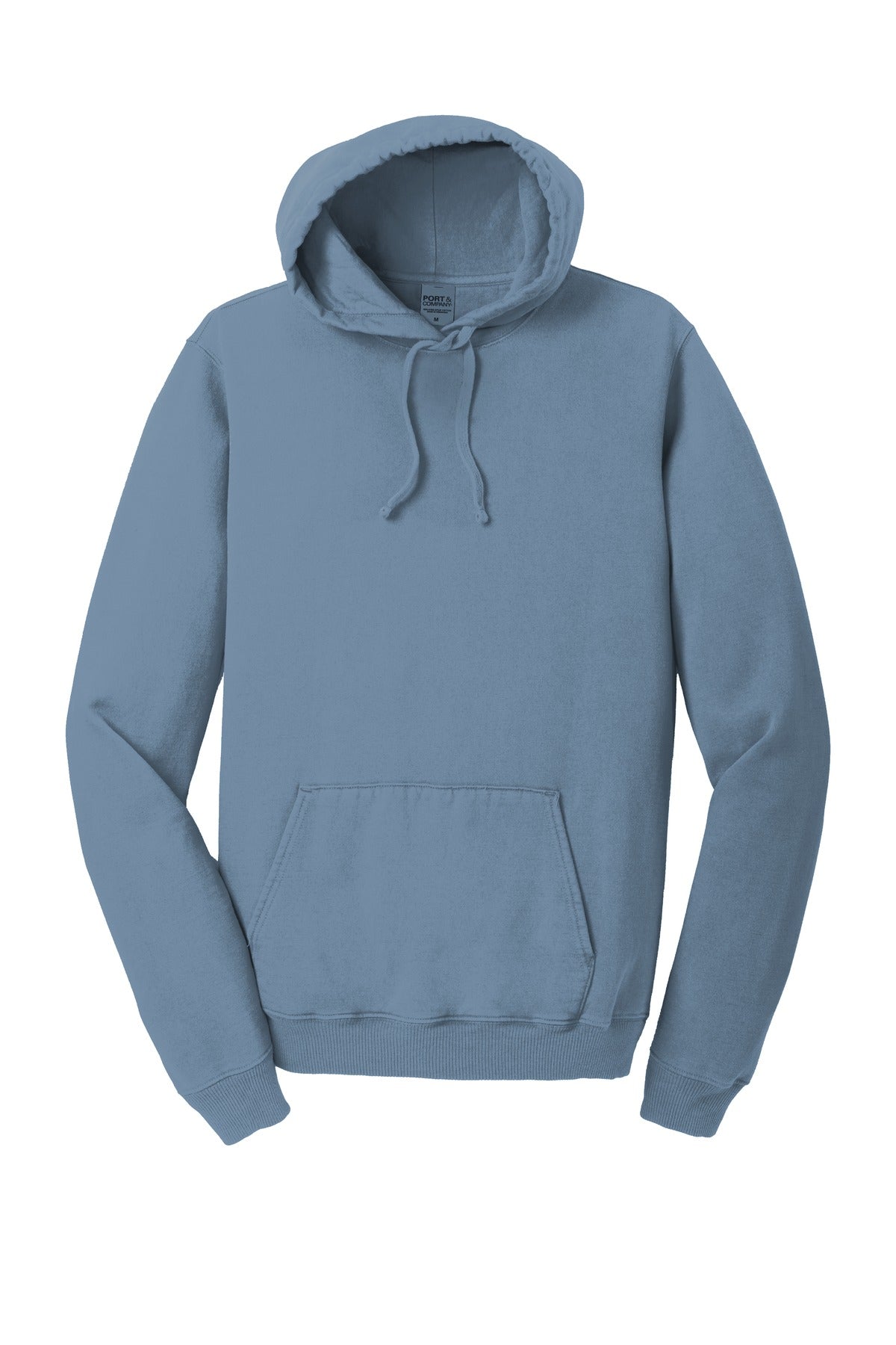 Front View of Denim Blue Port & Co Beach Wash Garment-Dyed Pullover Hooded Sweatshirt. PC098H