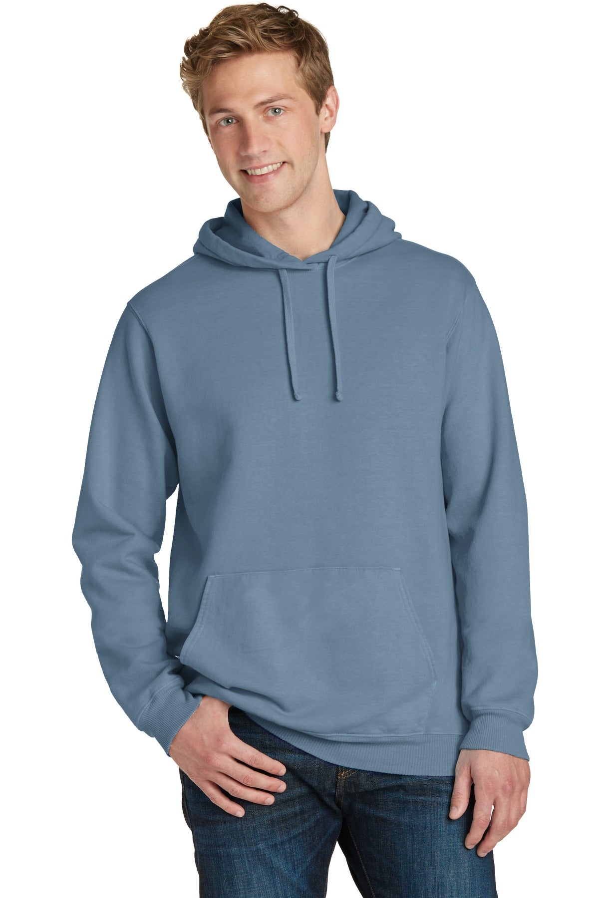 Front View of Denim Blue Port & Co Beach Wash Garment-Dyed Pullover Hooded Sweatshirt. PC098H