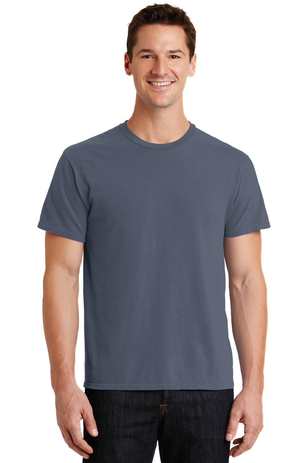 Front View of Denim Blue Port & Co Beach Wash Garment-Dyed Tee. PC099