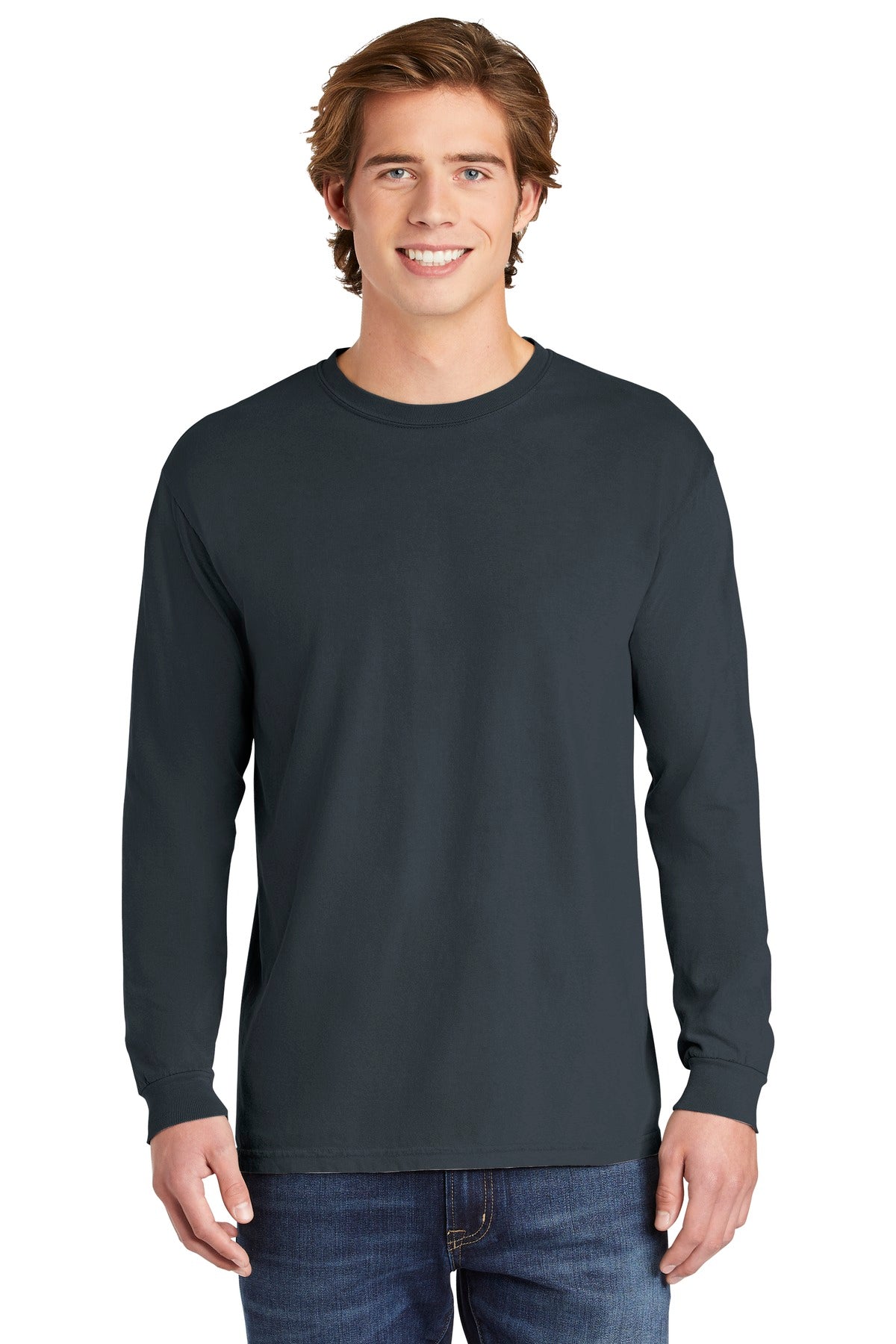 Front View of Denim COMFORT COLORS Heavyweight Ring Spun Long Sleeve Tee. 6014
