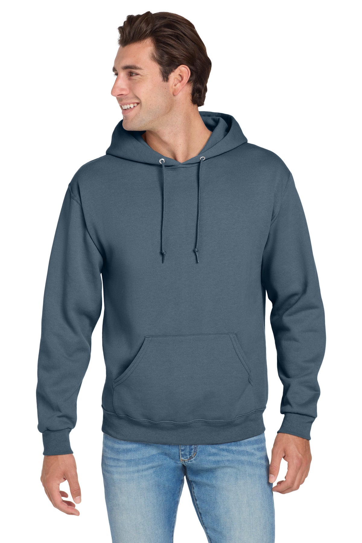 Front View of Denim Jerzees NuBlend Pullover Hooded Sweatshirt. 996M