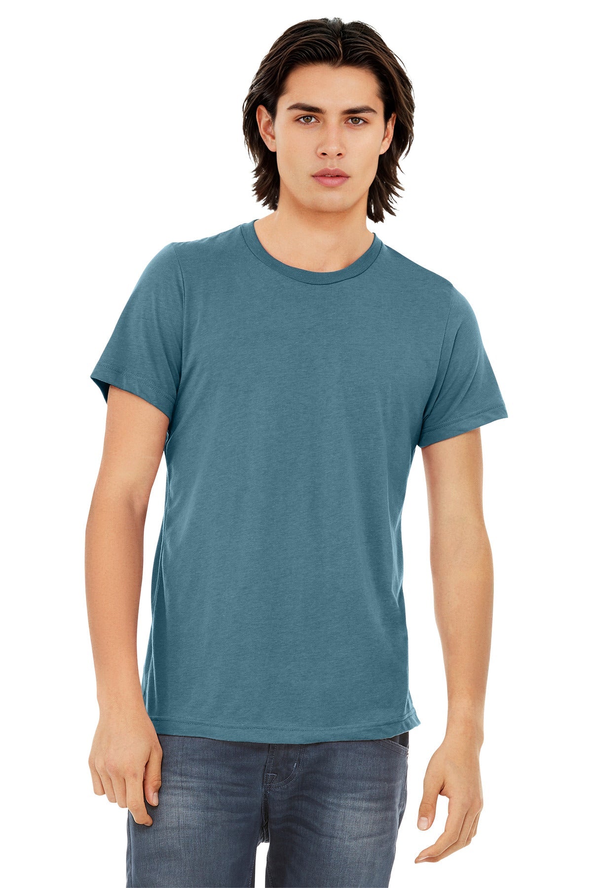 Front View of Denim TB BELLA+CANVAS Unisex Triblend Short Sleeve Tee. BC3413