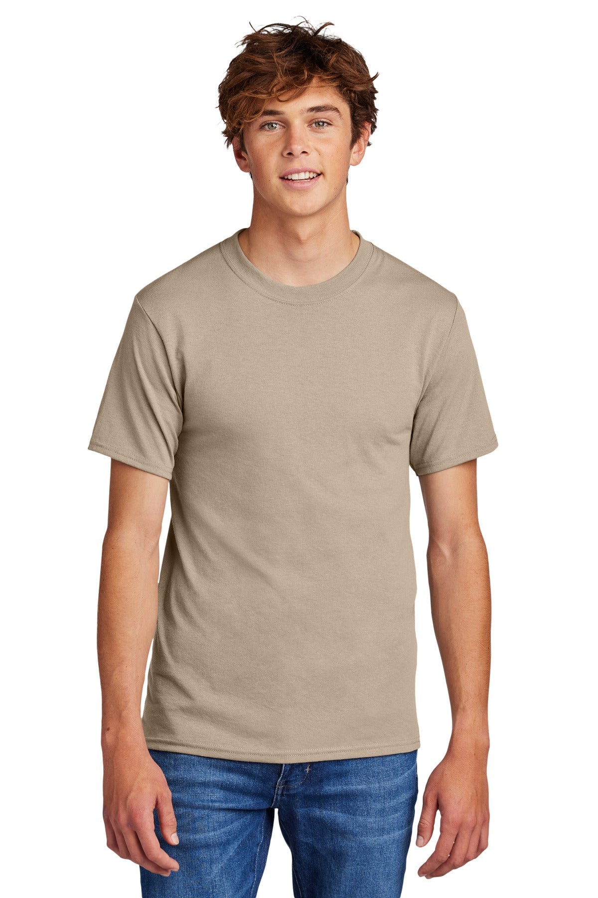 Front View of Desert Sand Port & Co Core Blend Tee. PC55