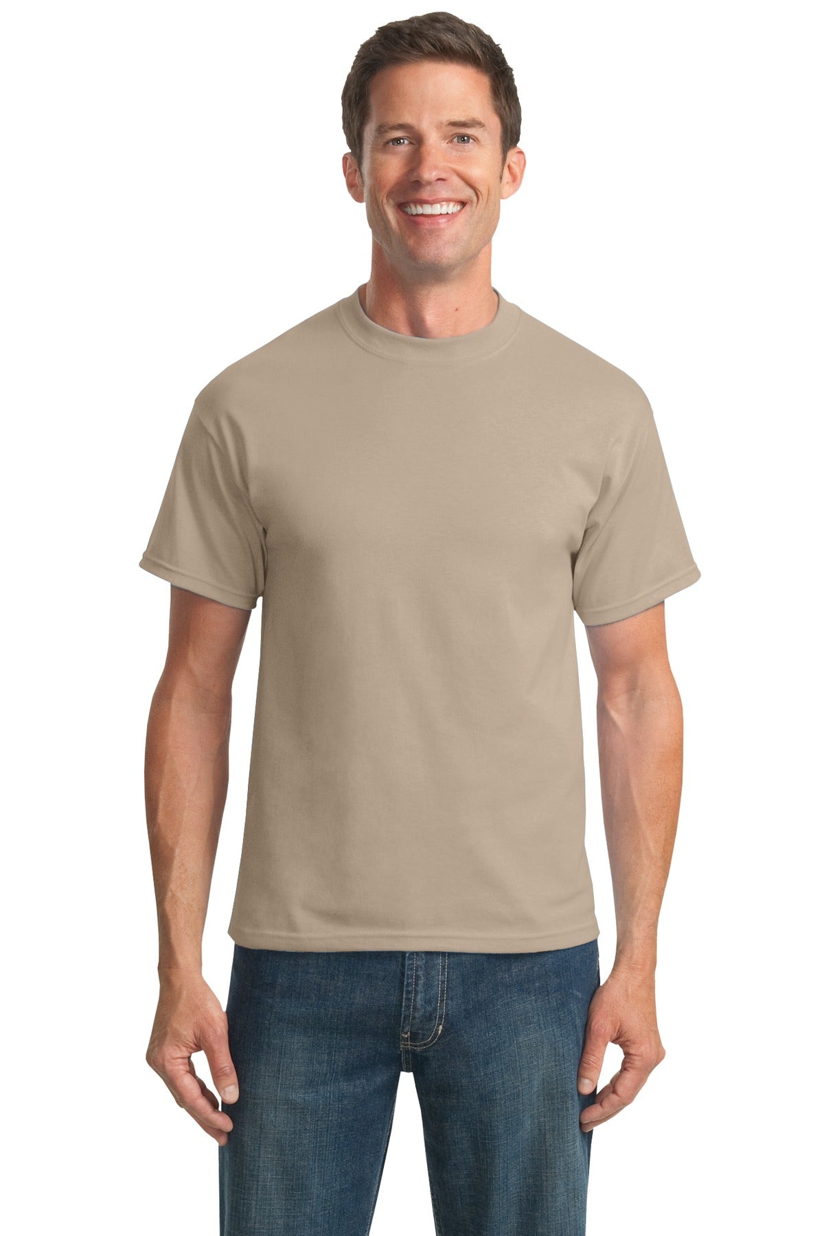Front View of Desert Sand Port & Co Tall Core Blend Tee. PC55T