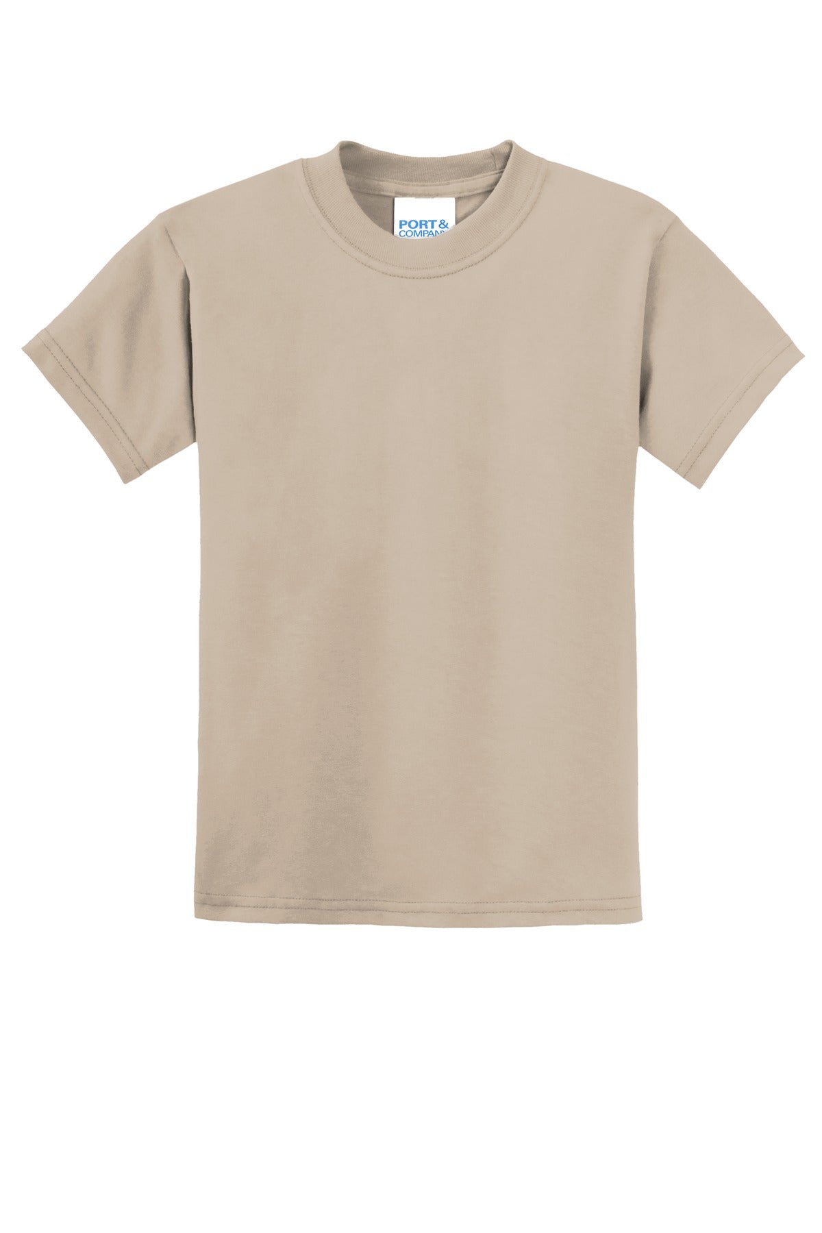 Front View of Desert Sand Port & Co Youth Core Blend Tee. PC55Y
