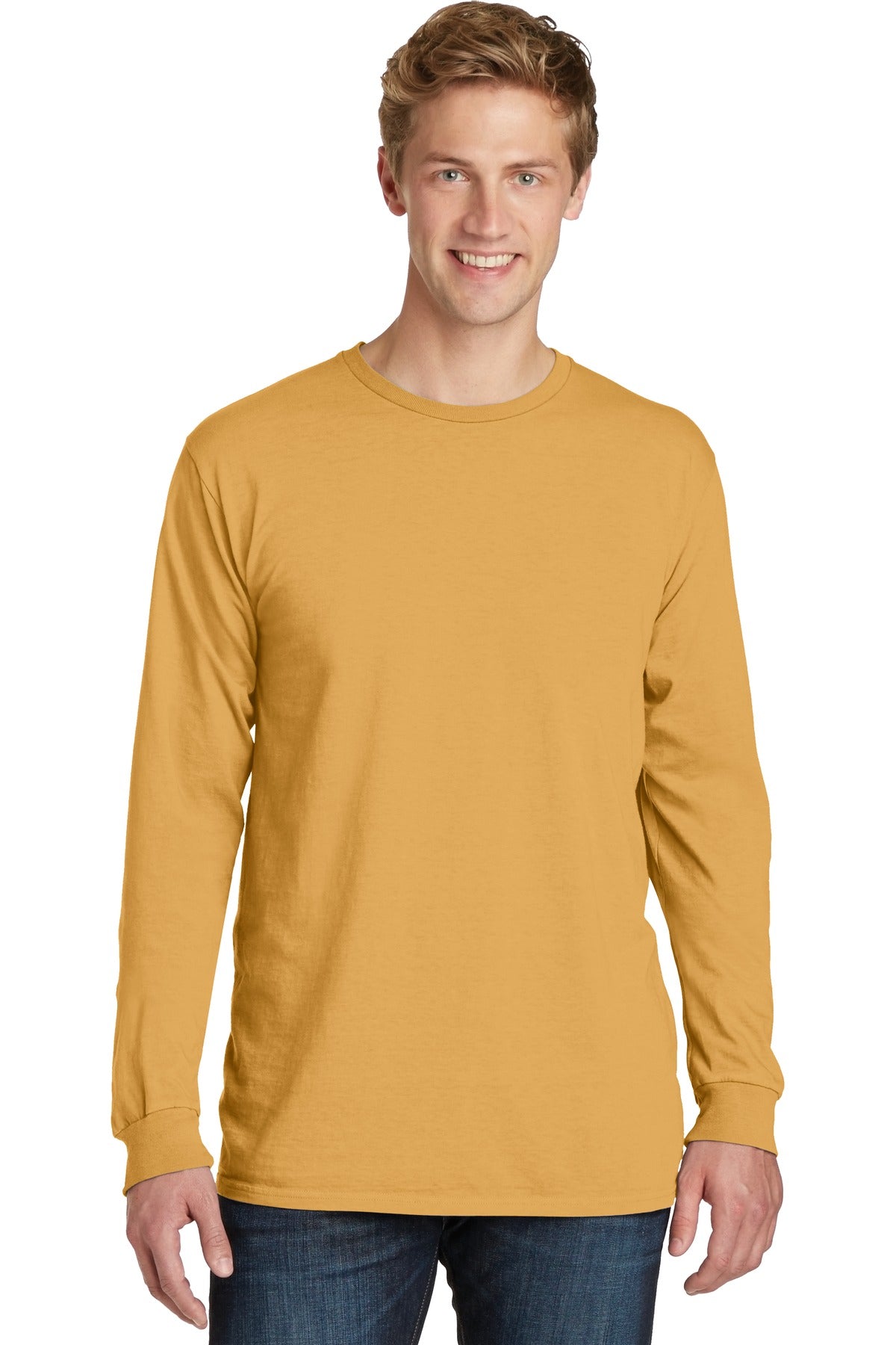 Front View of Dijon Port & Co Beach Wash Garment-Dyed Long Sleeve Tee PC099LS