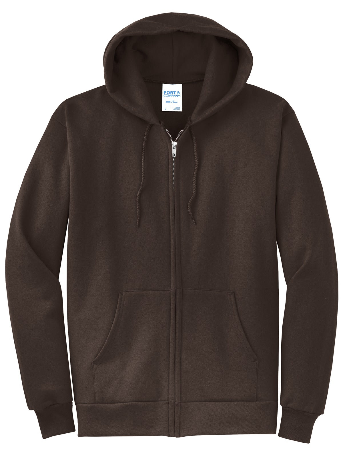 Front View of Dk Choc Brown Port & Co Core Fleece Full-Zip Hooded Sweatshirt. PC78ZH