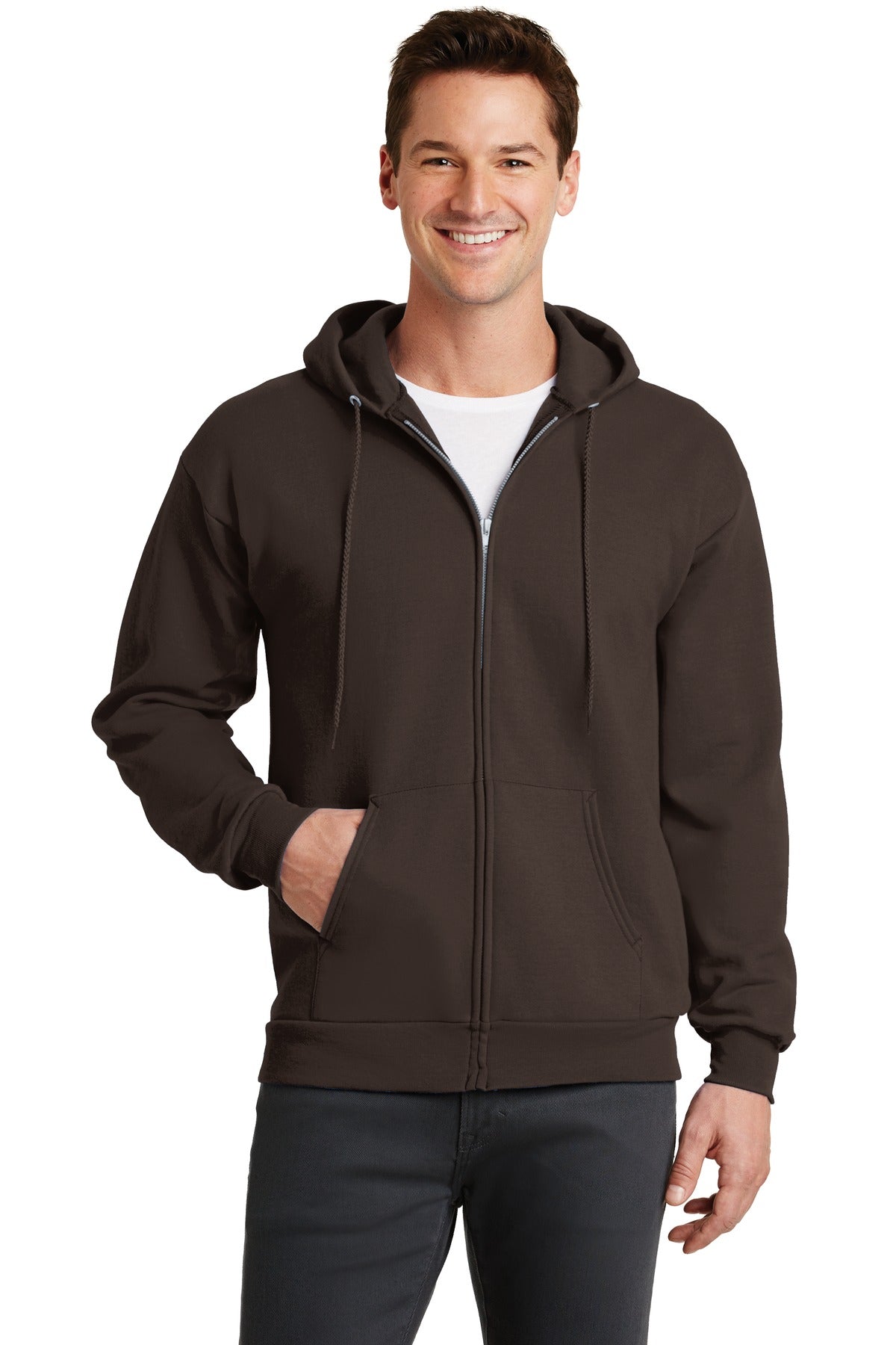 Front View of Dk Choc Brown Port & Co Core Fleece Full-Zip Hooded Sweatshirt. PC78ZH