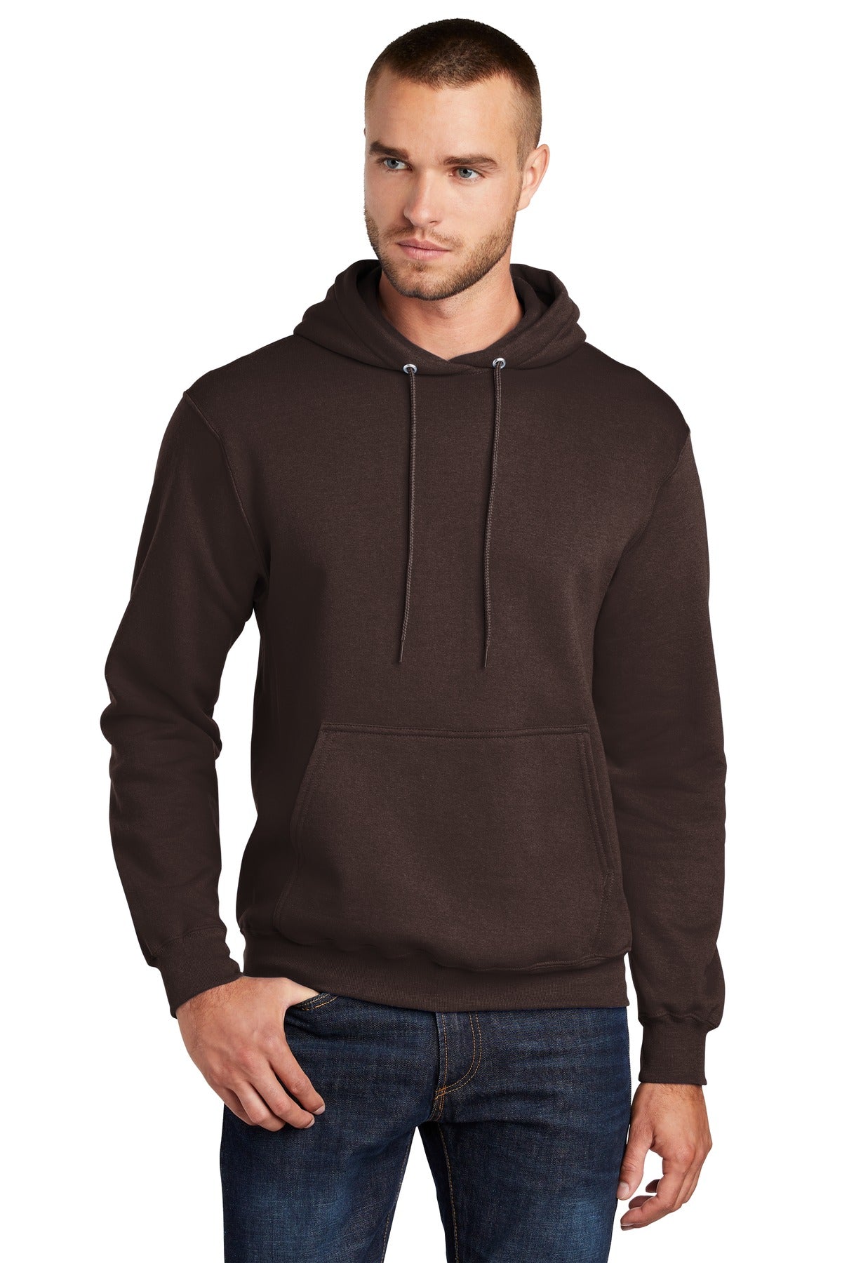 Front View of Dk Choc Brown Port & Co Core Fleece Pullover Hooded Sweatshirt. PC78H