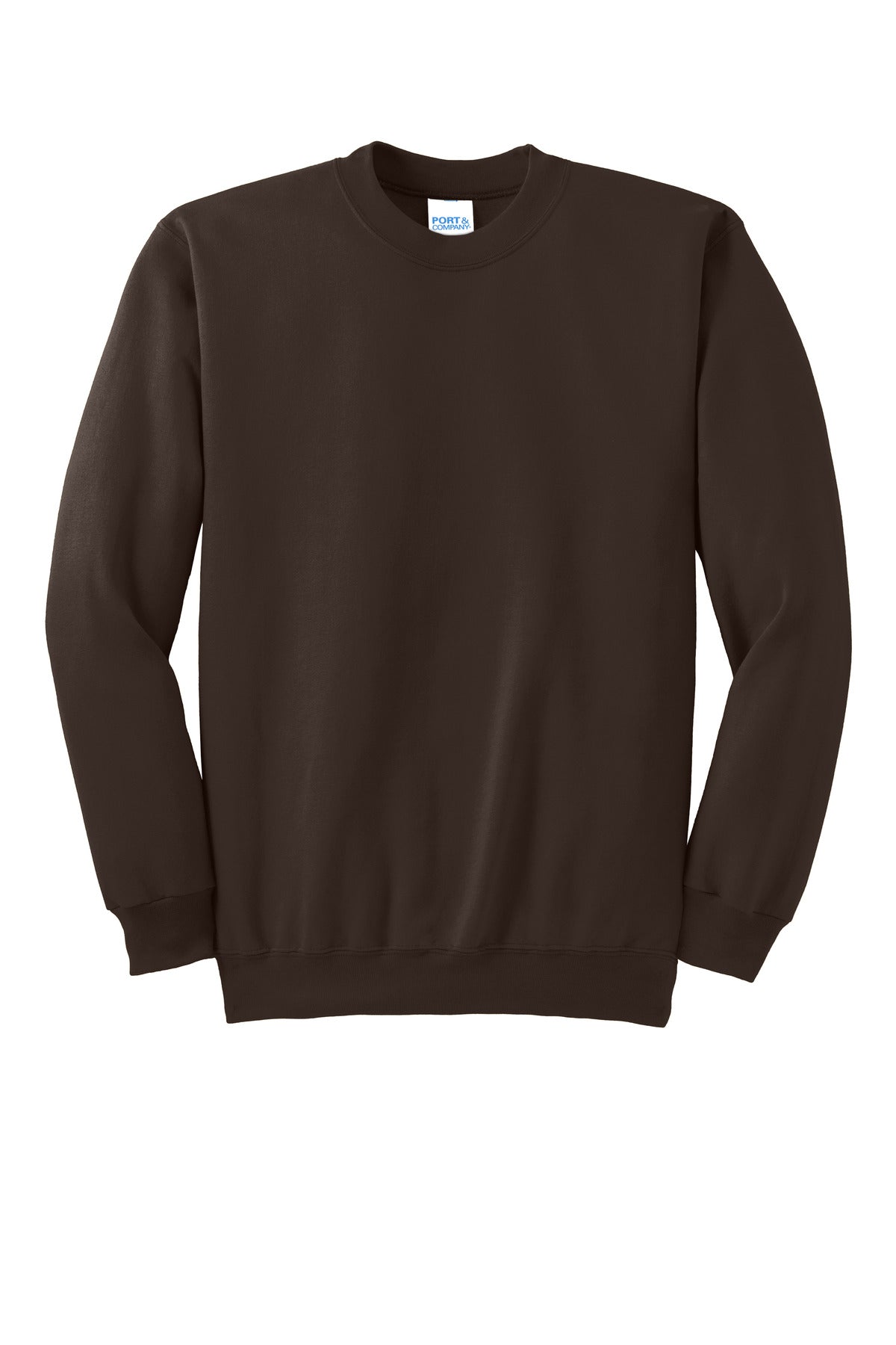 Front View of Dk Choc Brown Port & Co Essential Fleece Crewneck Sweatshirt. PC90