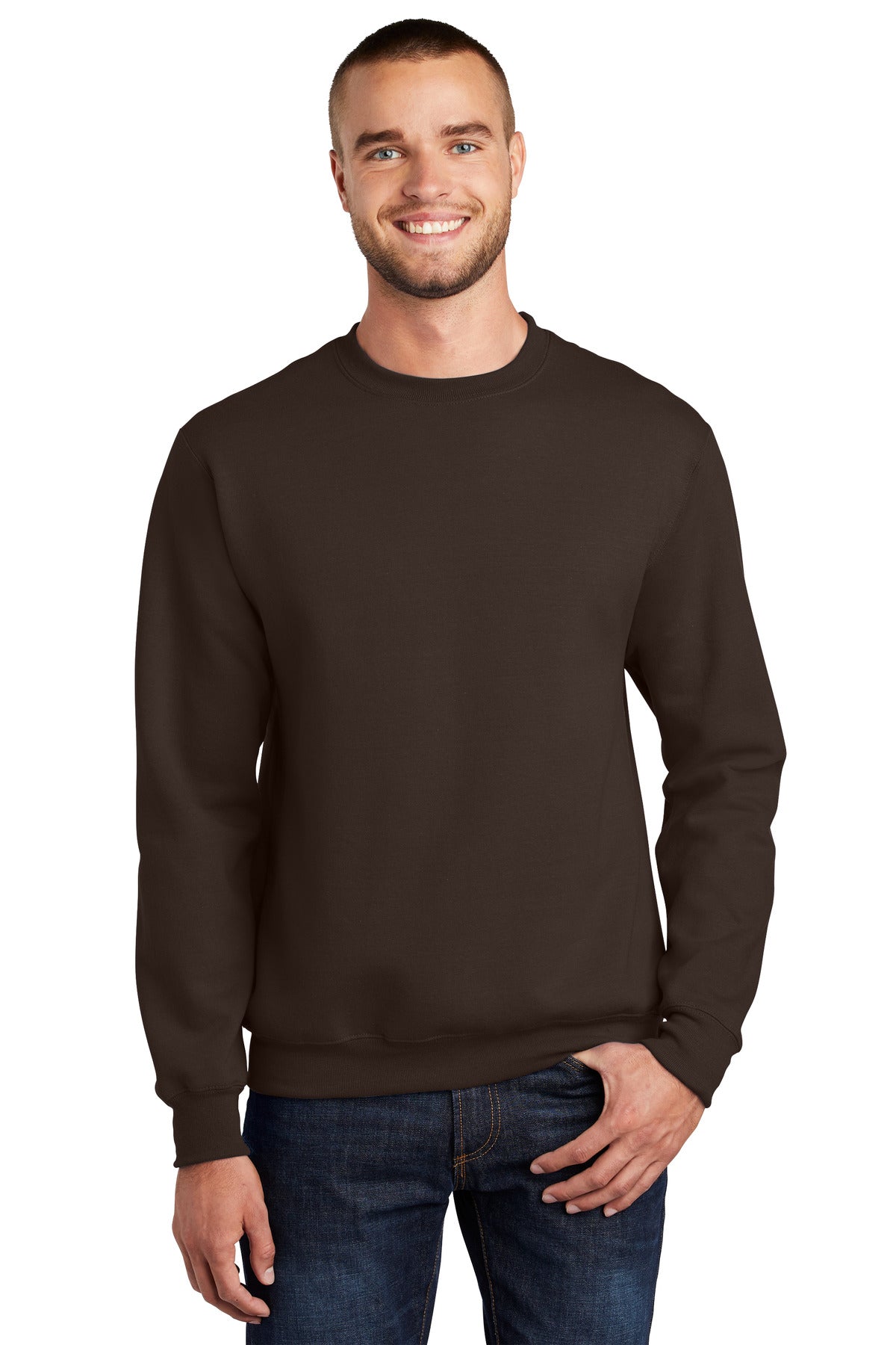 Front View of Dk Choc Brown Port & Co Essential Fleece Crewneck Sweatshirt. PC90