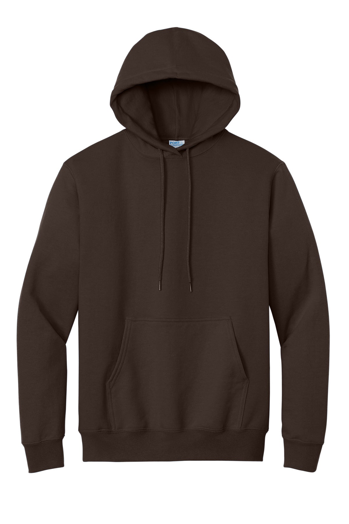Front View of Dk Choc Brown Port & Co Essential Fleece Pullover Hooded Sweatshirt. PC90H