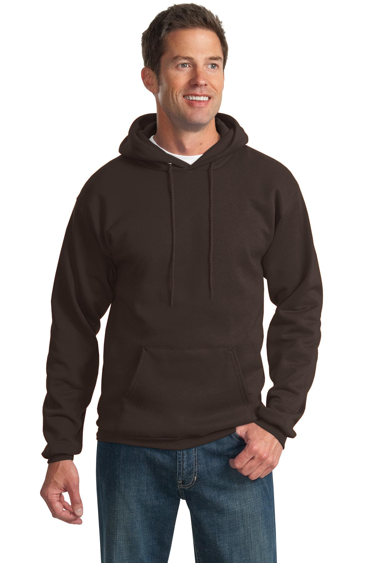 Front View of Dk Choc Brown Port & Co Essential Fleece Pullover Hooded Sweatshirt. PC90H