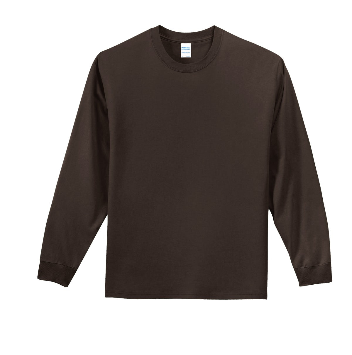 Front View of Dk Choc Brown Port & Co Long Sleeve Essential Tee. PC61LS