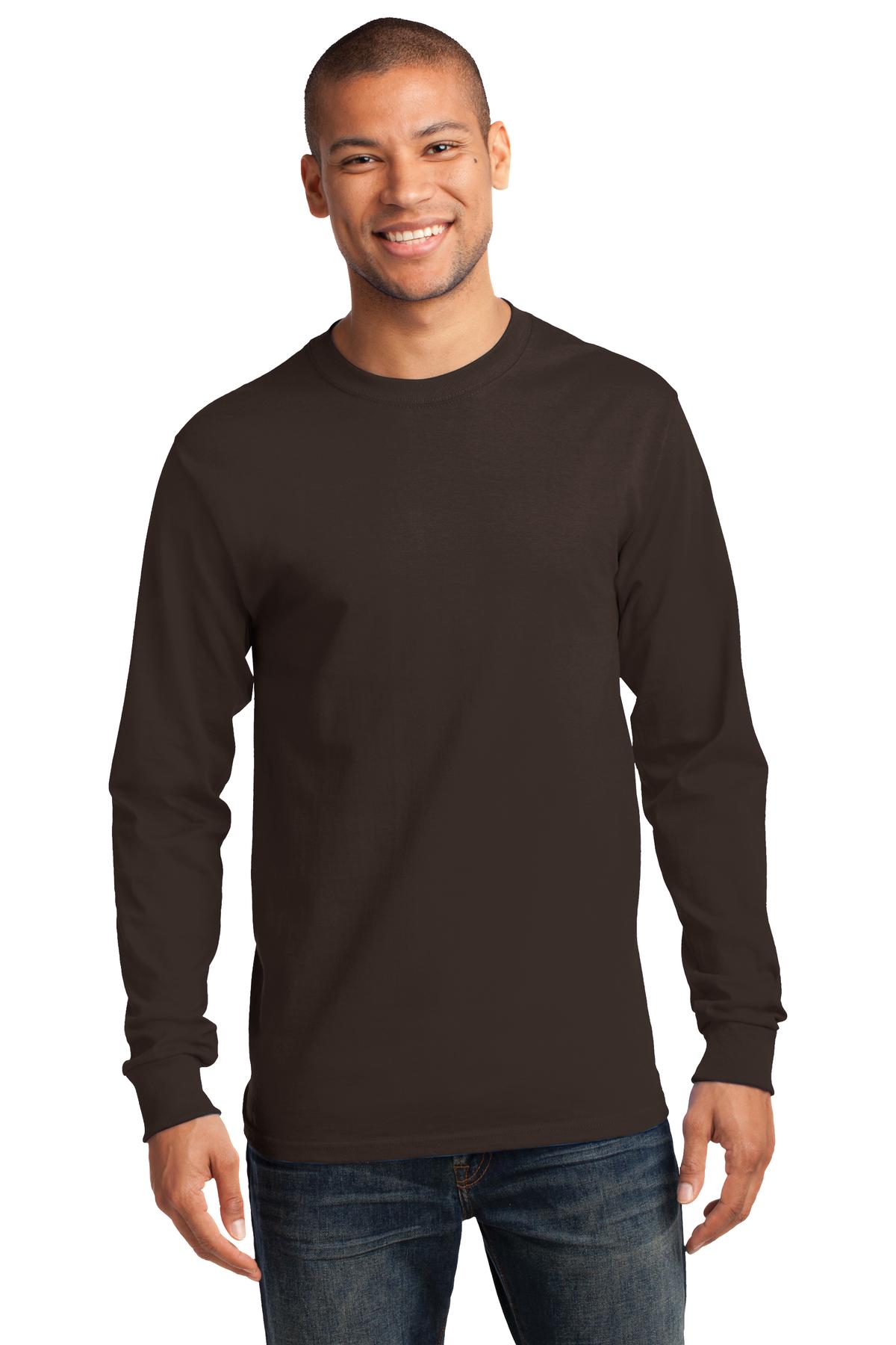 Front View of Dk Choc Brown Port & Co Long Sleeve Essential Tee. PC61LS