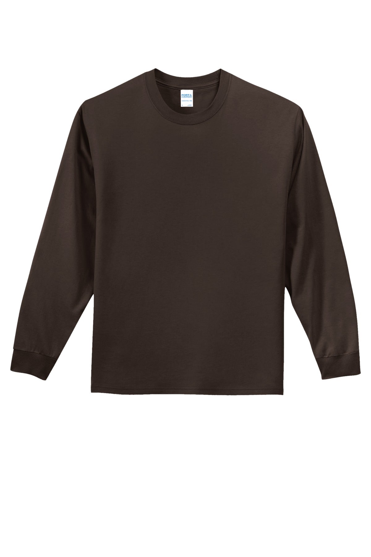 Front View of Dk Choc Brown Port & Co Long Sleeve Essential Tee. PC61LS