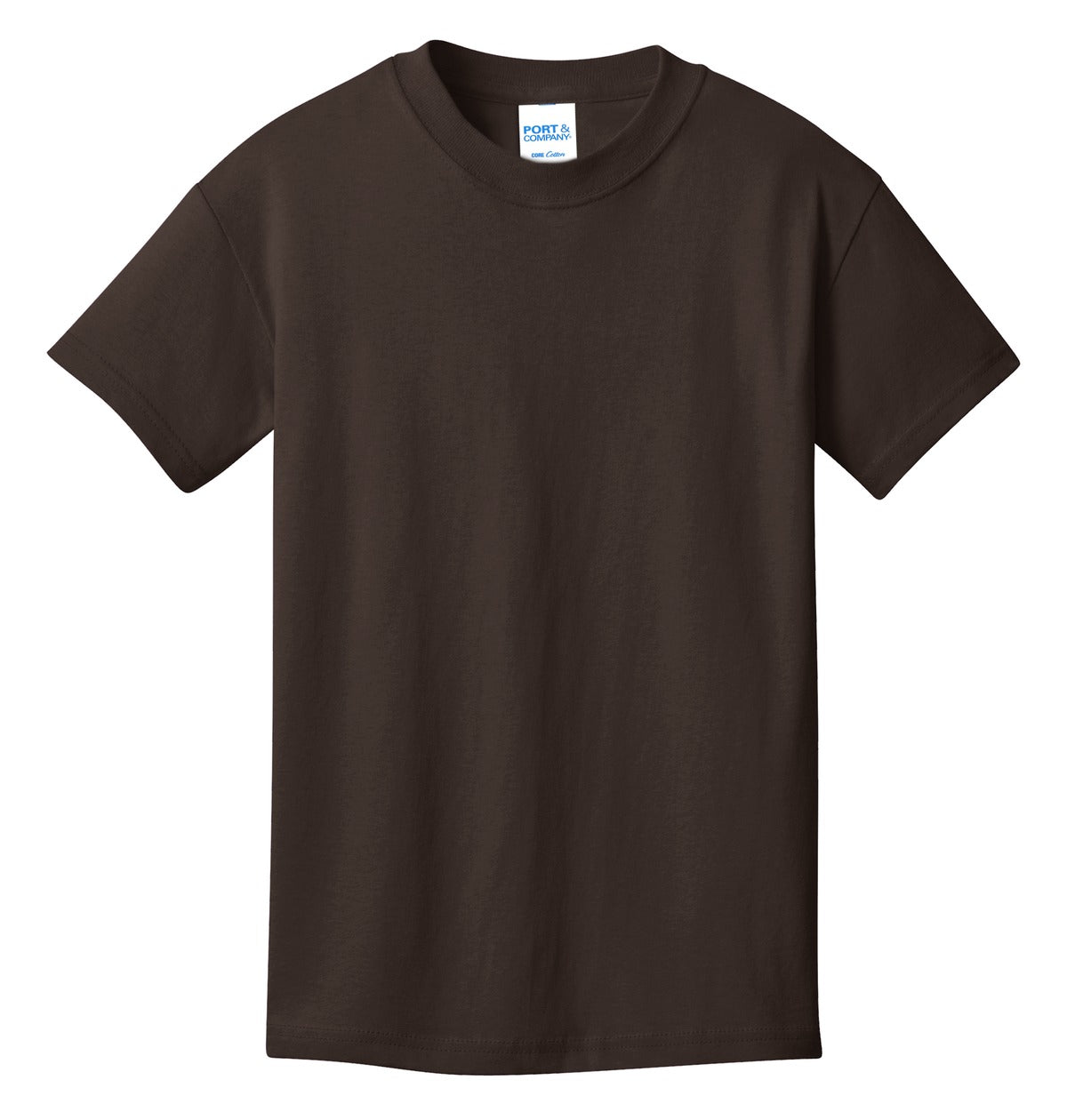 Front View of Dk Choc Brown Port & Co Youth Core Cotton Tee. PC54Y