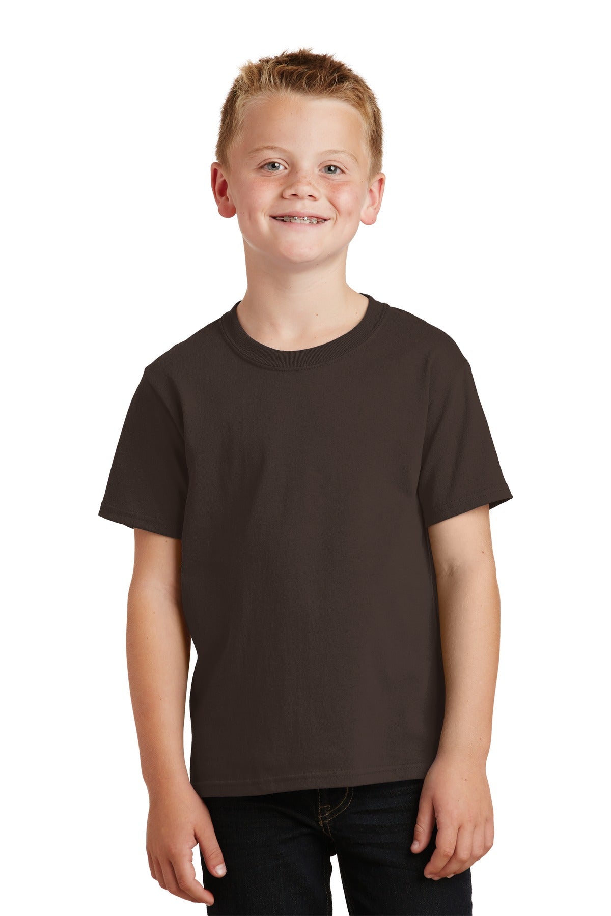 Front View of Dk Choc Brown Port & Co Youth Core Cotton Tee. PC54Y