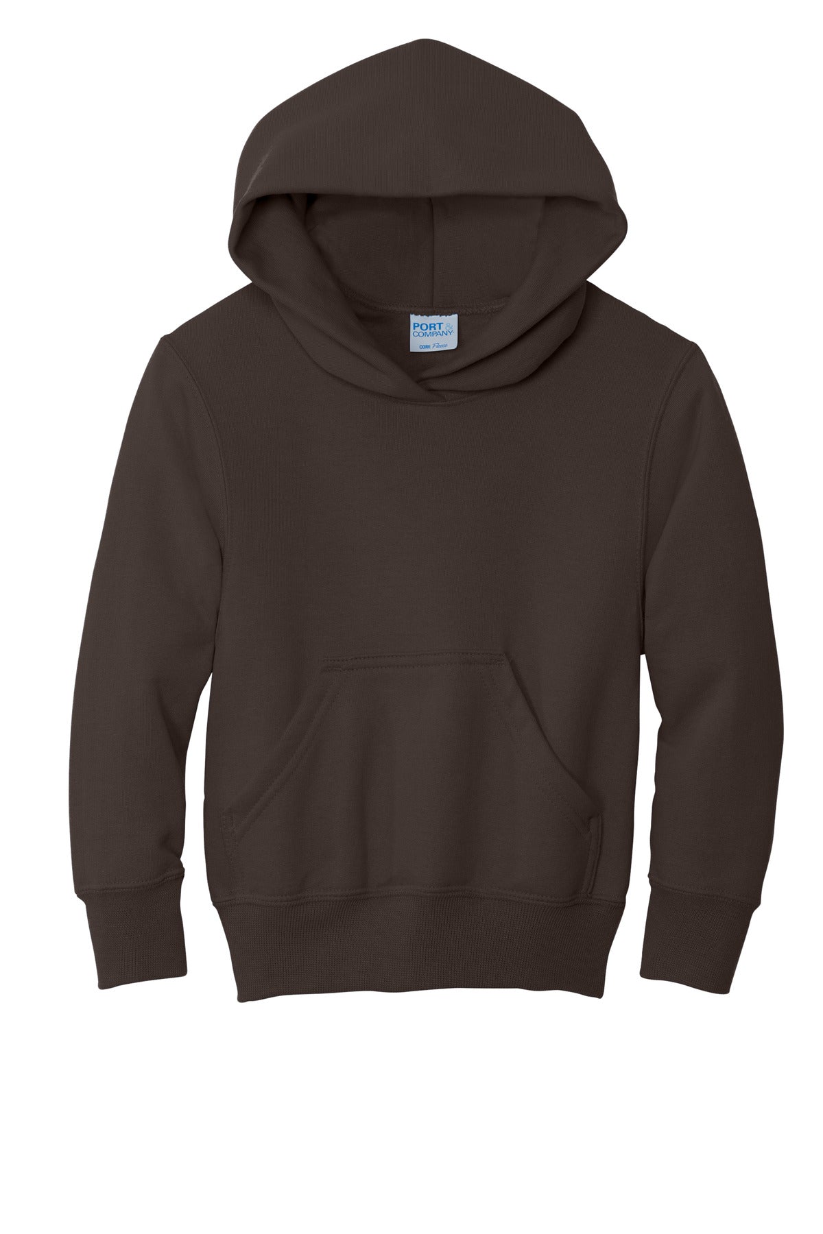 Front View of Dk Choc Brown Port & Co Youth Core Fleece Pullover Hooded Sweatshirt. PC90YH