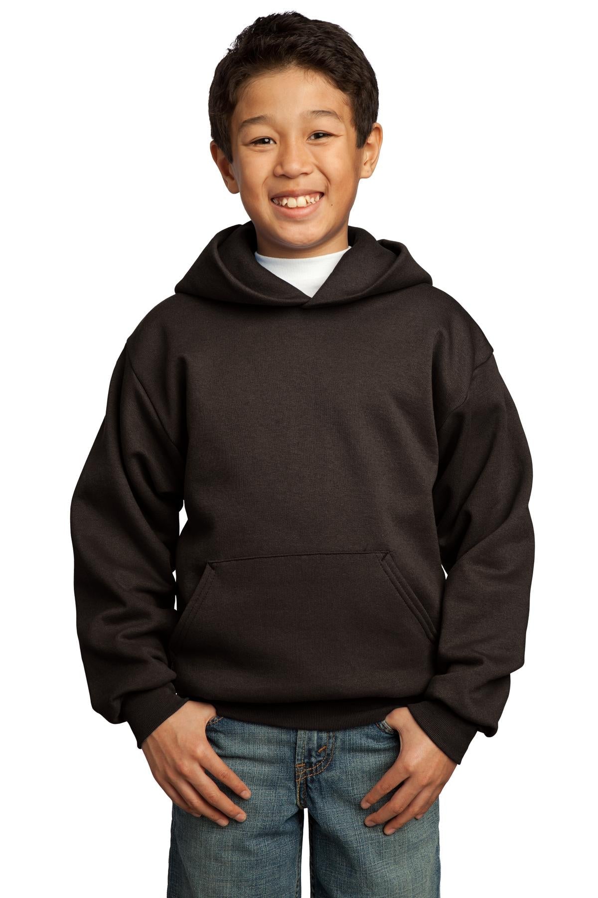 Front View of Dk Choc Brown Port & Co Youth Core Fleece Pullover Hooded Sweatshirt. PC90YH