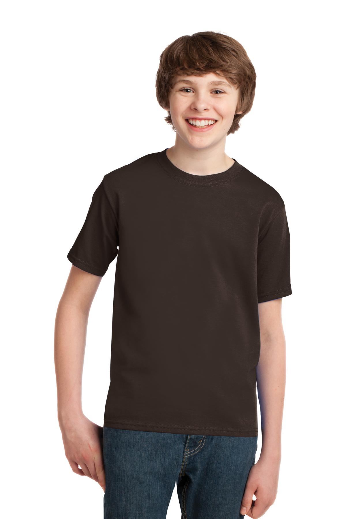Front View of Dk Choc Brown Port & Co Youth Essential Tee. PC61Y