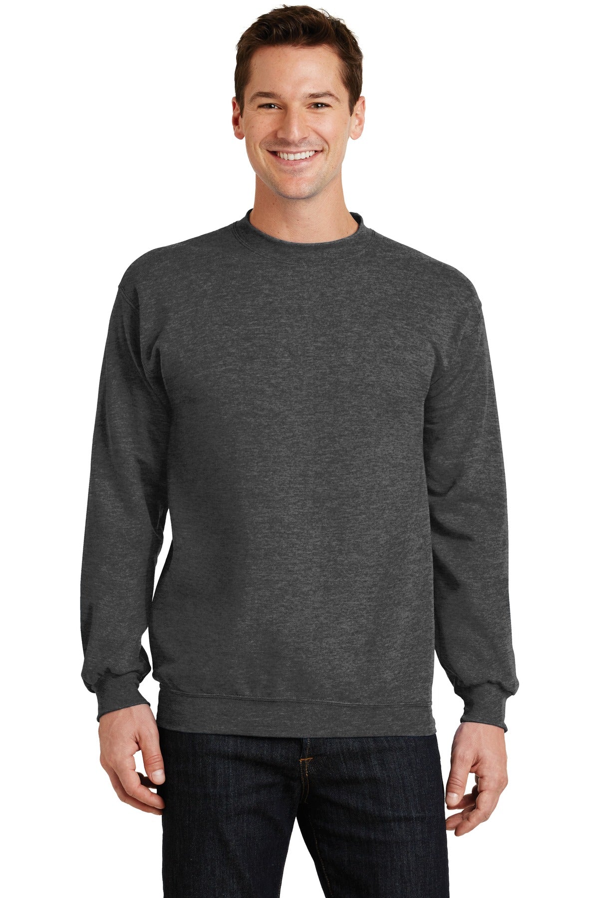 Front View of Dk Hthr Grey Port & Co Core Fleece Crewneck Sweatshirt. PC78